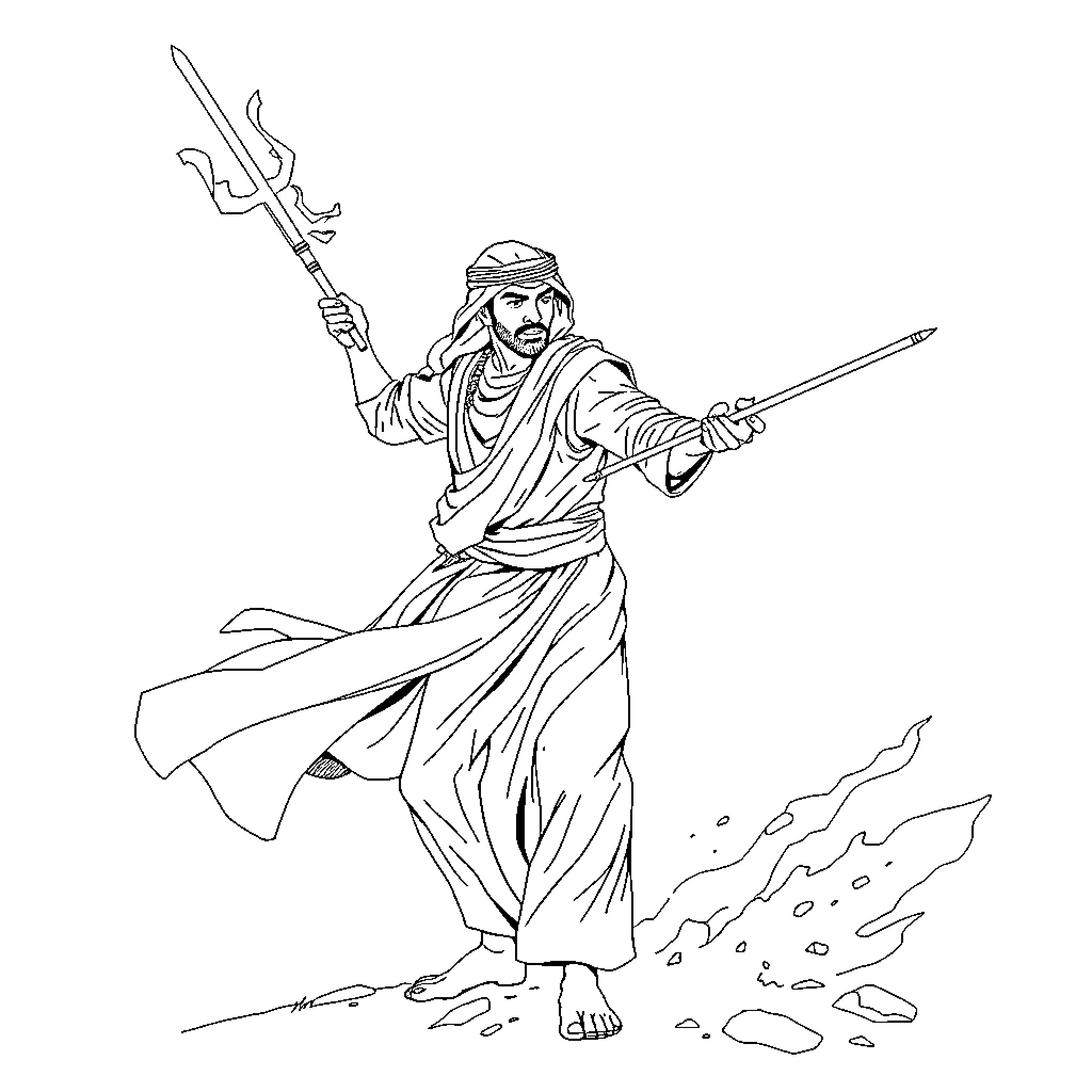 Arab Warrior Wielding Weapons in Action Coloring Page (free black-and-white line drawing printable PDF for all, from beginners to advanced learners, including children, teens, adults, and seniors)