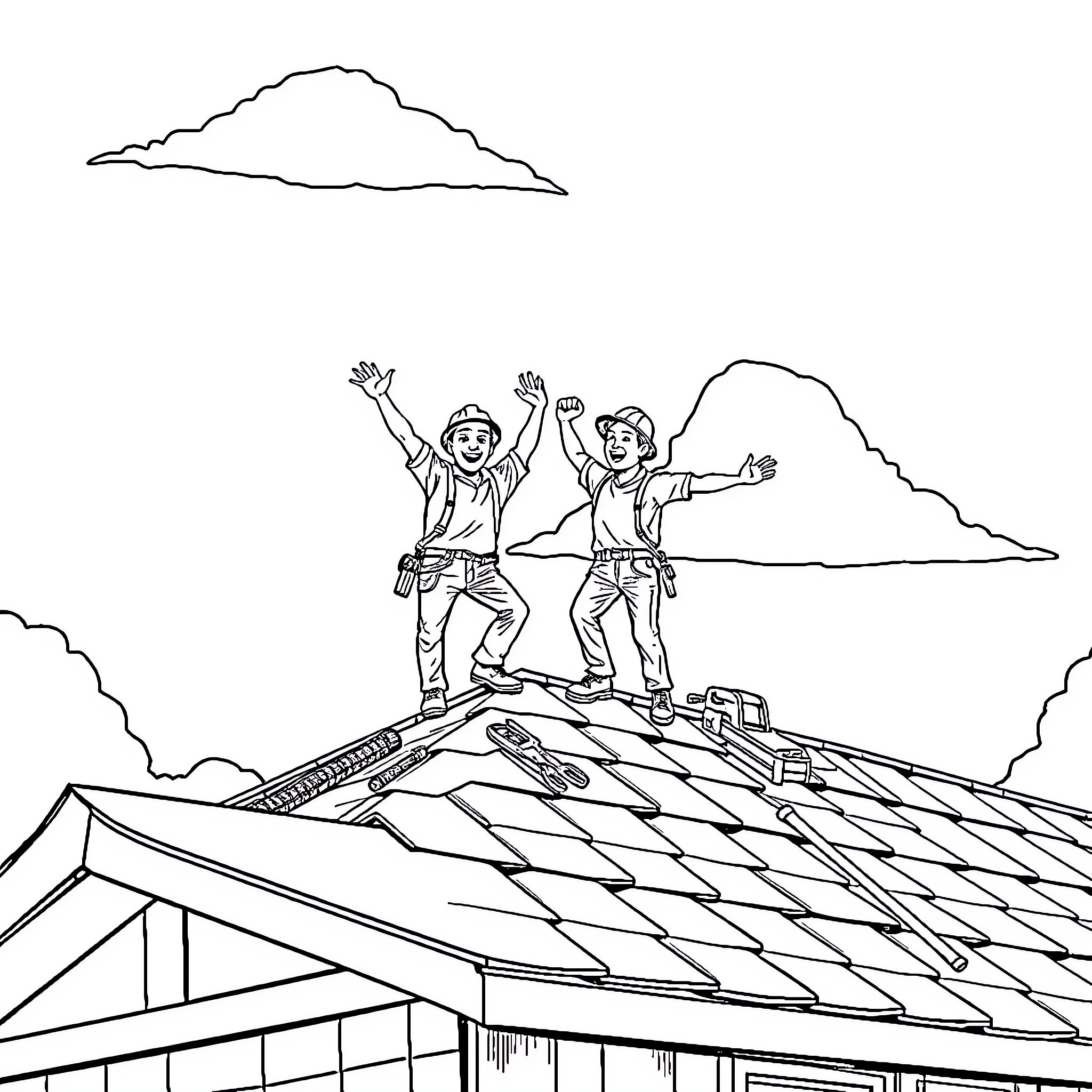 Roofing Crew Celebrating Successful Job Completion Coloring Page (free black-and-white line drawing printable PDF for all, from beginners to advanced learners, including children, teens, adults, and seniors)