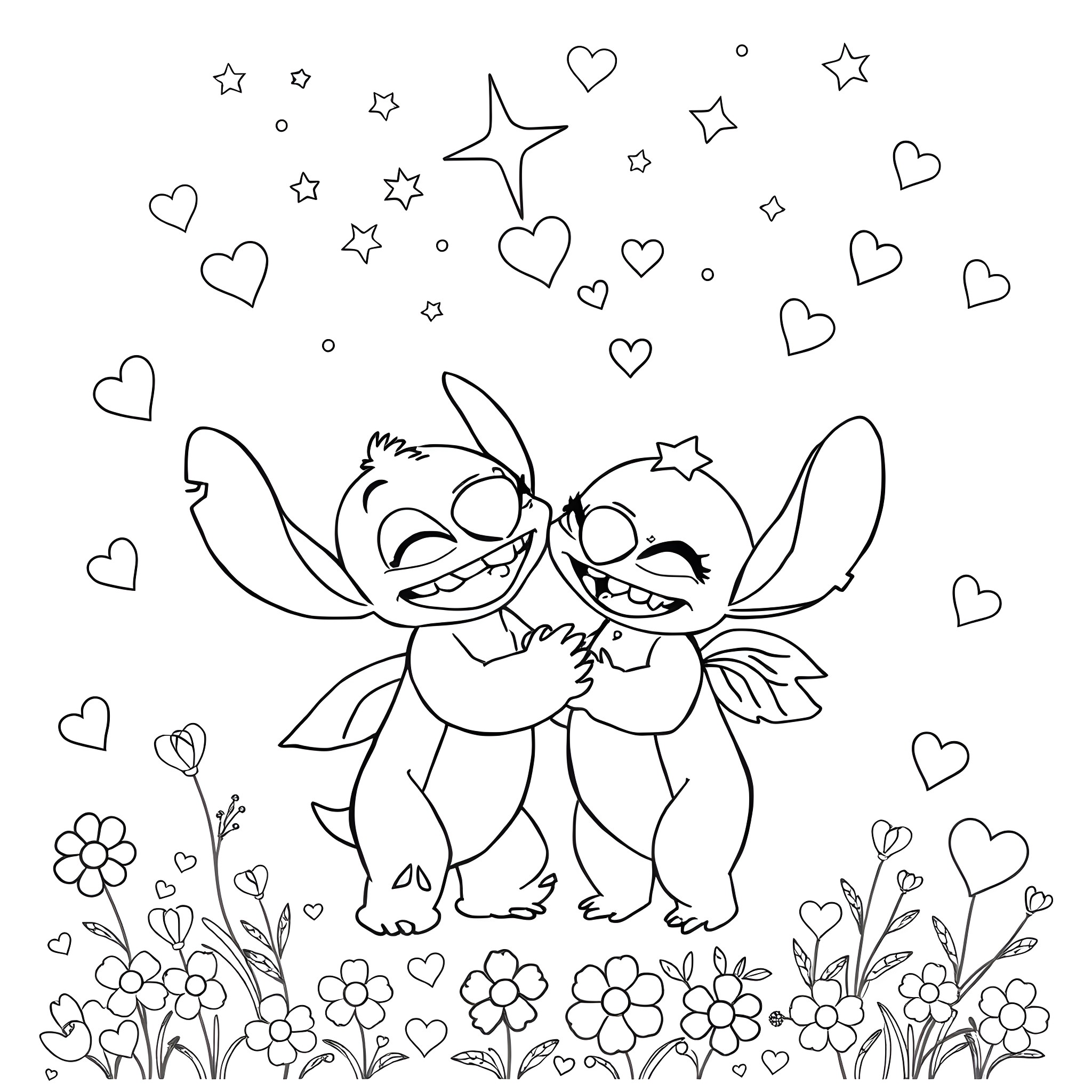 Stitch characters embracing with hearts and stars Coloring Page (free black-and-white line drawing printable PDF for all, from beginners to advanced learners, including children, teens, adults, and seniors)