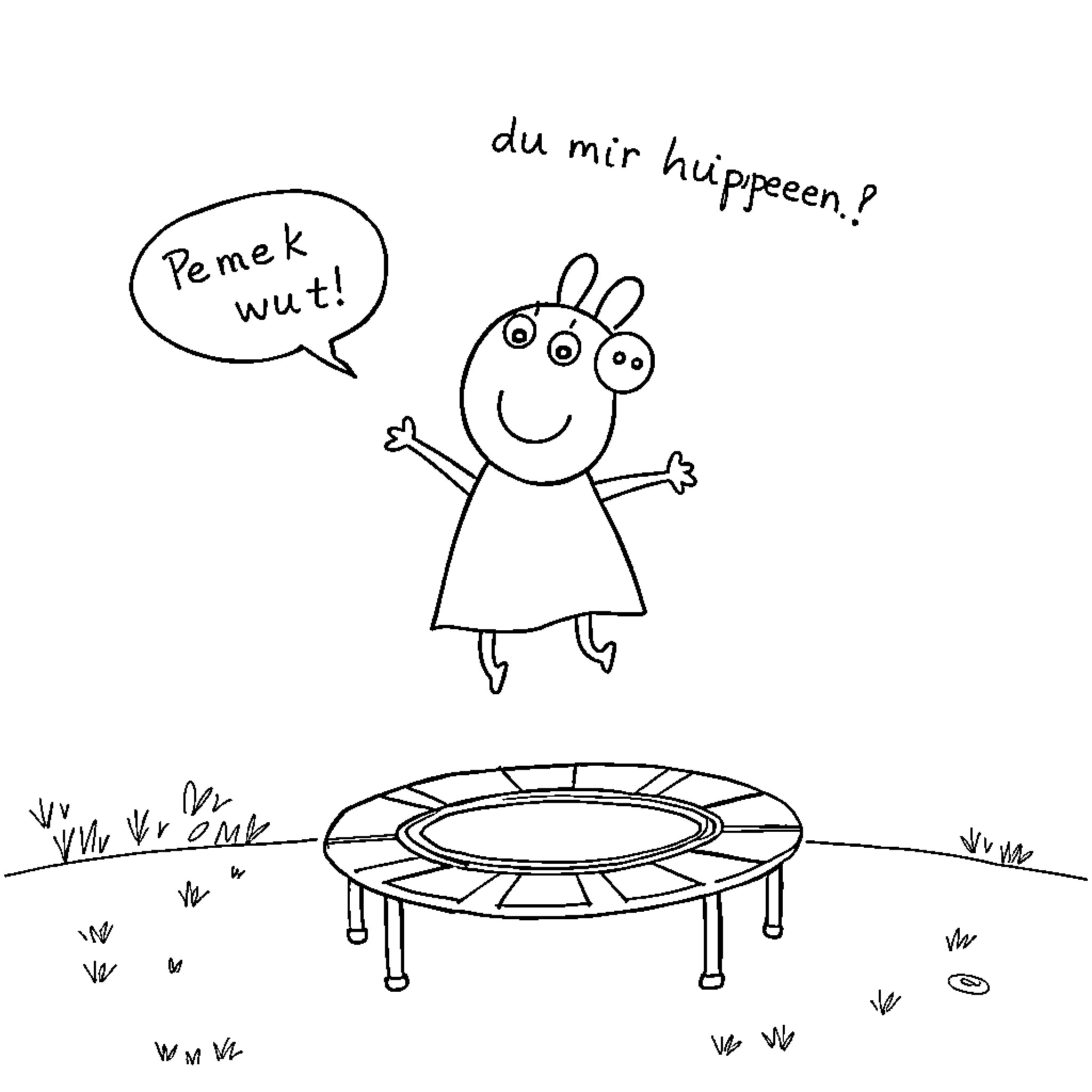 Peppa Wutz bouncing happily on a trampoline Coloring Page (free black-and-white line drawing printable PDF for all, from beginners to advanced learners, including children, teens, adults, and seniors)