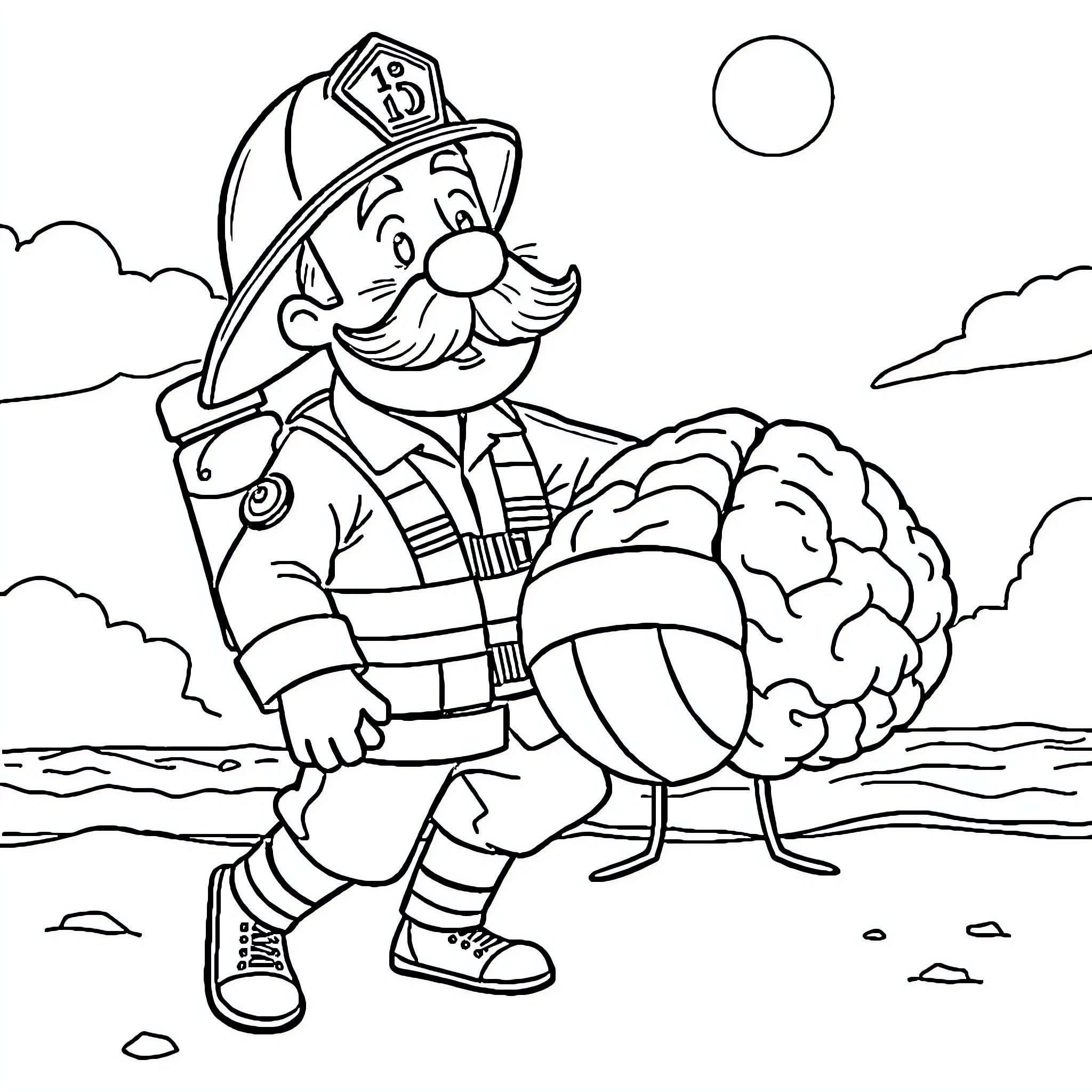 Firefighter protects the community with courage and care Coloring Page (free black-and-white line drawing printable PDF for all, from beginners to advanced learners, including children, teens, adults, and seniors)