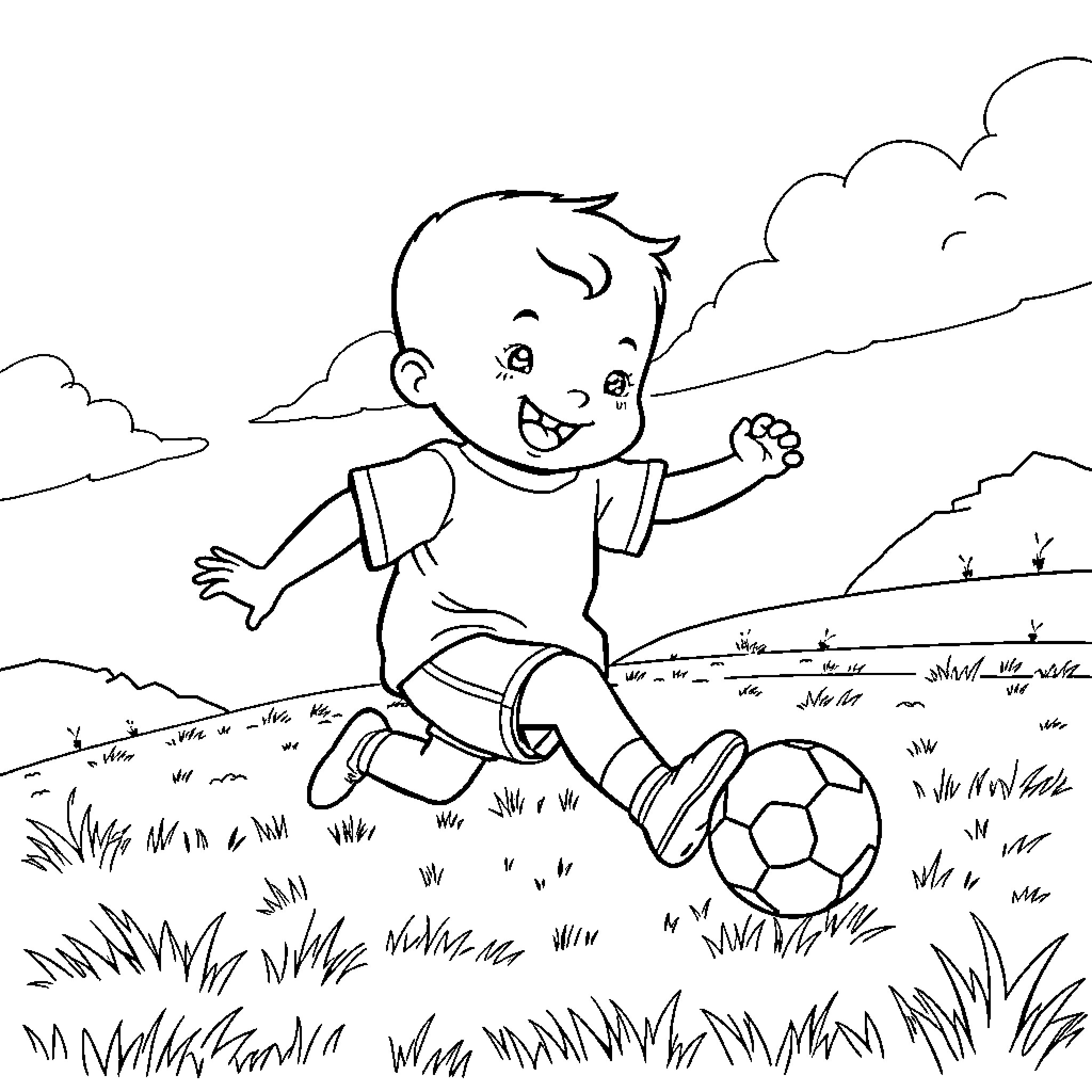 Babyfinn playing joyfully with a soccer ball in the park Coloring Page (free black-and-white line drawing printable PDF for all, from beginners to advanced learners, including children, teens, adults, and seniors)