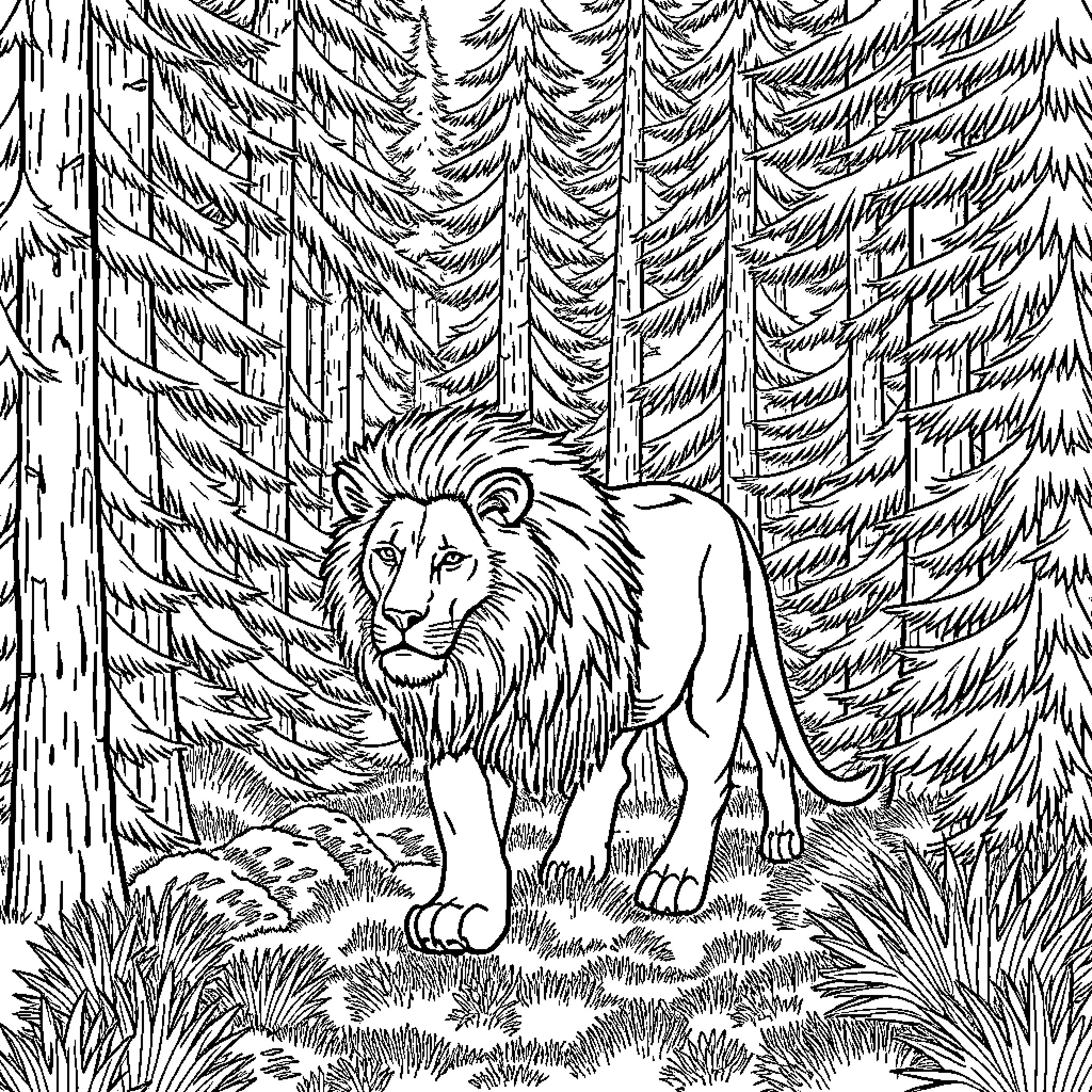 Lion roaming through the dense forest Coloring Page (free black-and-white line drawing printable PDF for all, from beginners to advanced learners, including children, teens, adults, and seniors)