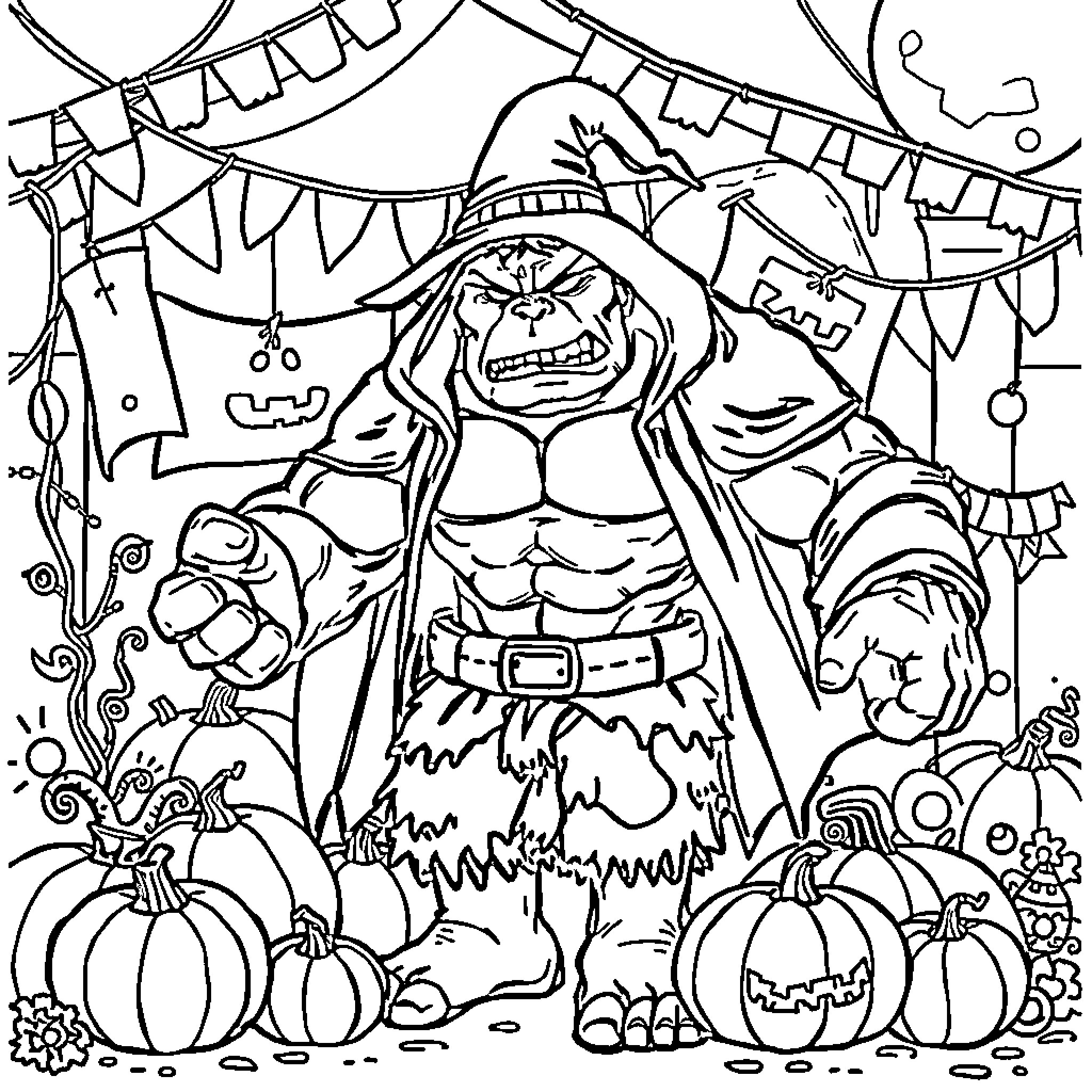Hulk Celebrates Spooky Halloween with Festive Decor Coloring Page (free black-and-white line drawing printable PDF for all, from beginners to advanced learners, including children, teens, adults, and seniors)