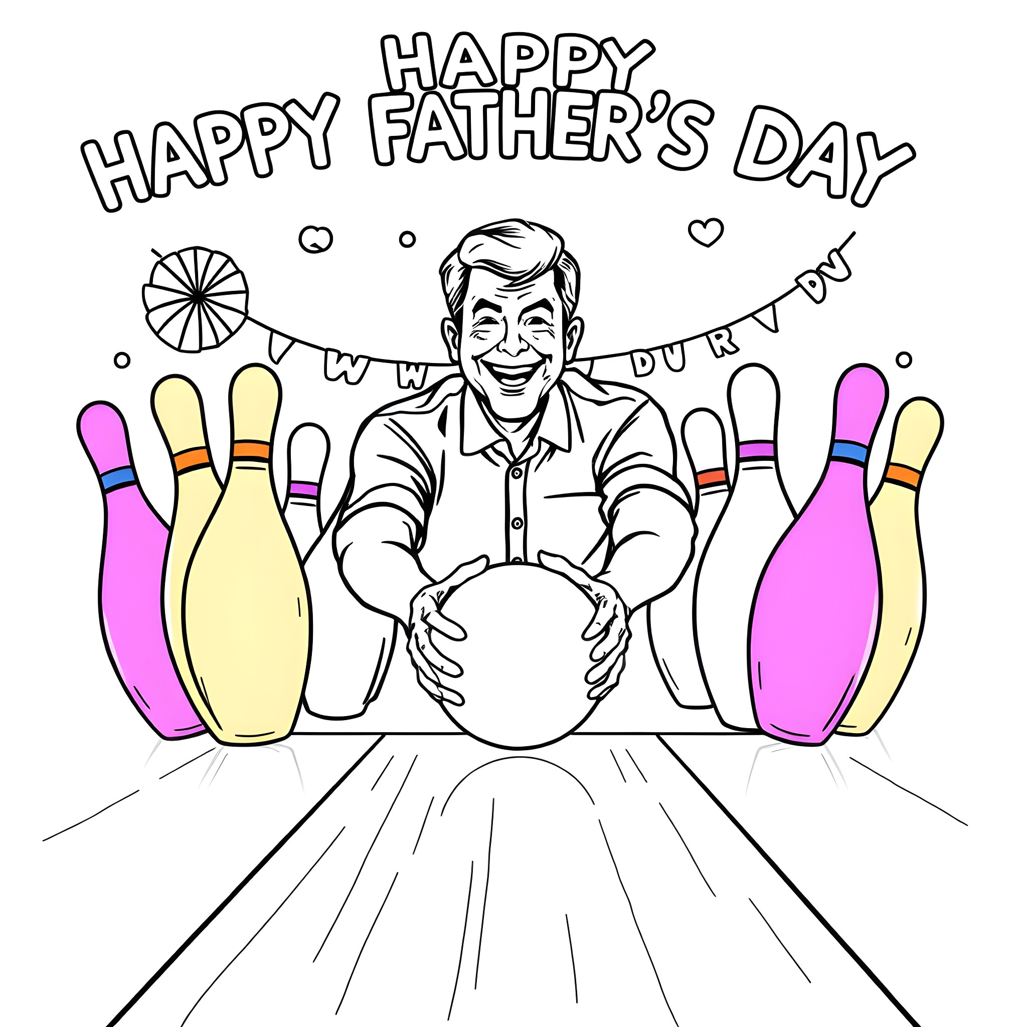 Man bowling with family on Father's Day Coloring Page (free black-and-white line drawing printable PDF for all, from beginners to advanced learners, including children, teens, adults, and seniors)