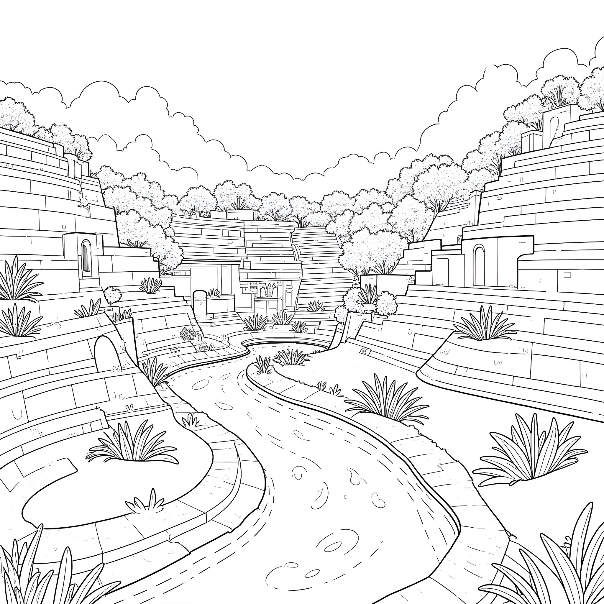 Hanging Garden with Winding Pathways Coloring Page (free black-and-white line drawing printable PDF for all, from beginners to advanced learners, including children, teens, adults, and seniors)
