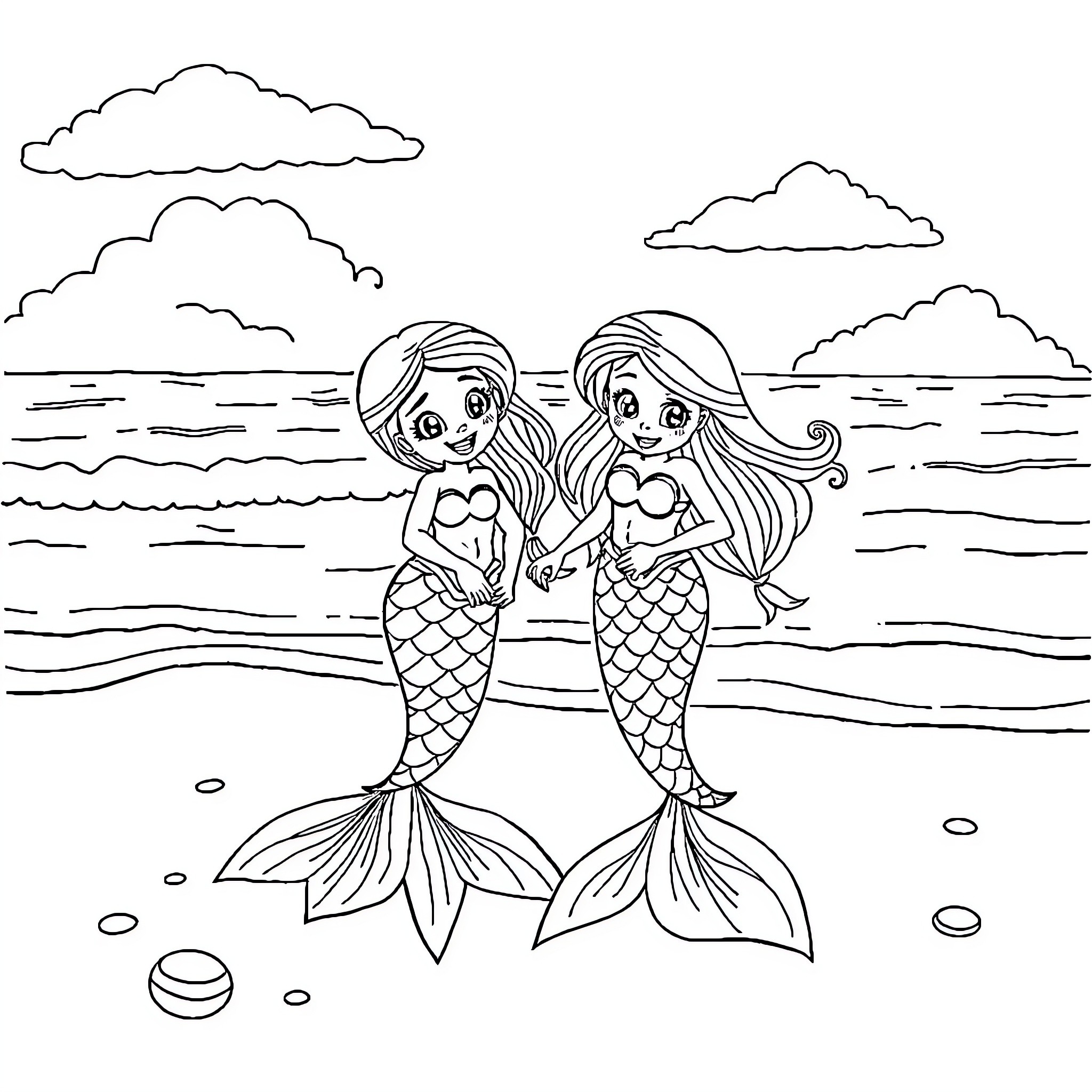 Bluey mermaids explore the ocean waves Coloring Page (free black-and-white line drawing printable PDF for all, from beginners to advanced learners, including children, teens, adults, and seniors)