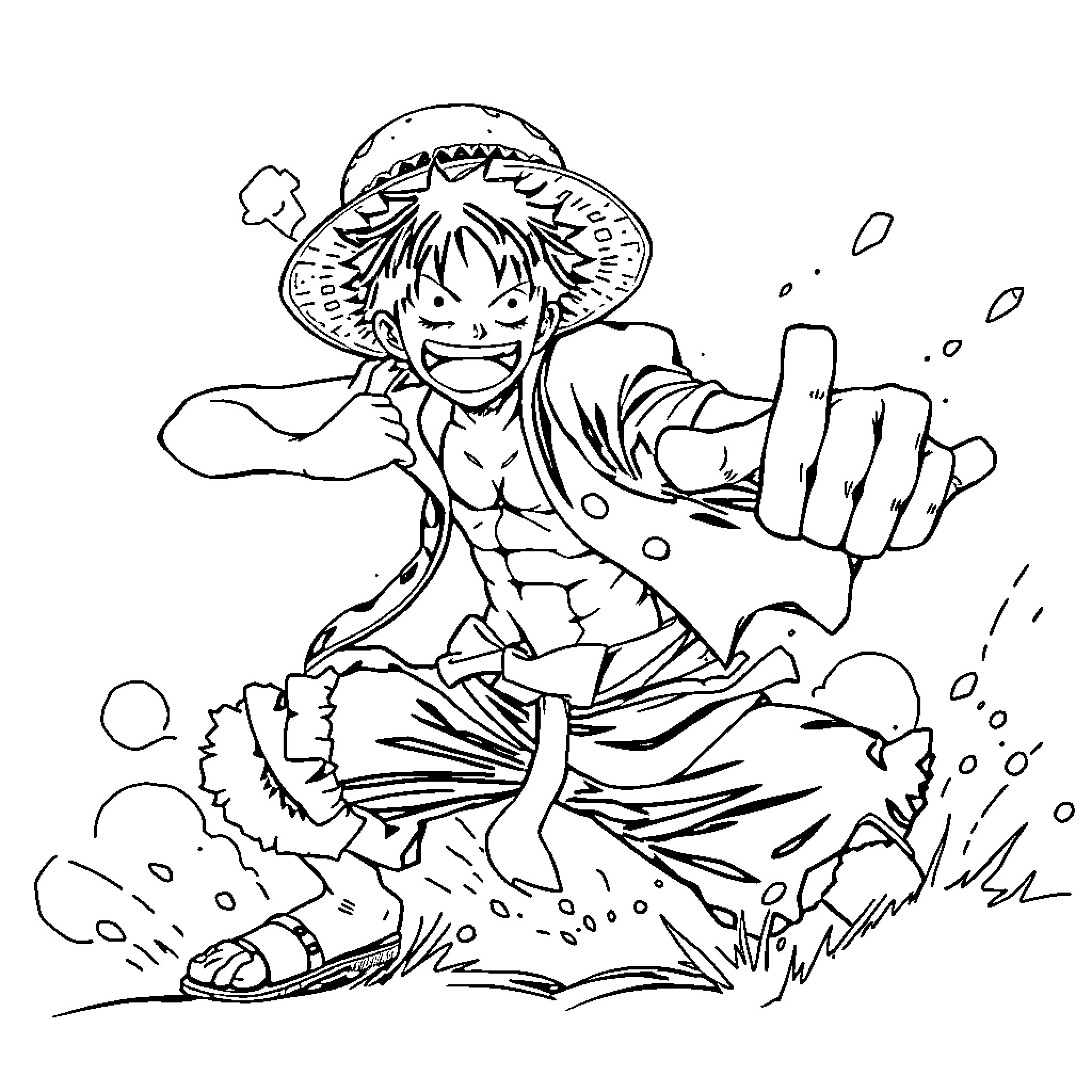 Luffy's adventurous journey through the wilderness Coloring Page (free black-and-white line drawing printable PDF for all, from beginners to advanced learners, including children, teens, adults, and seniors)