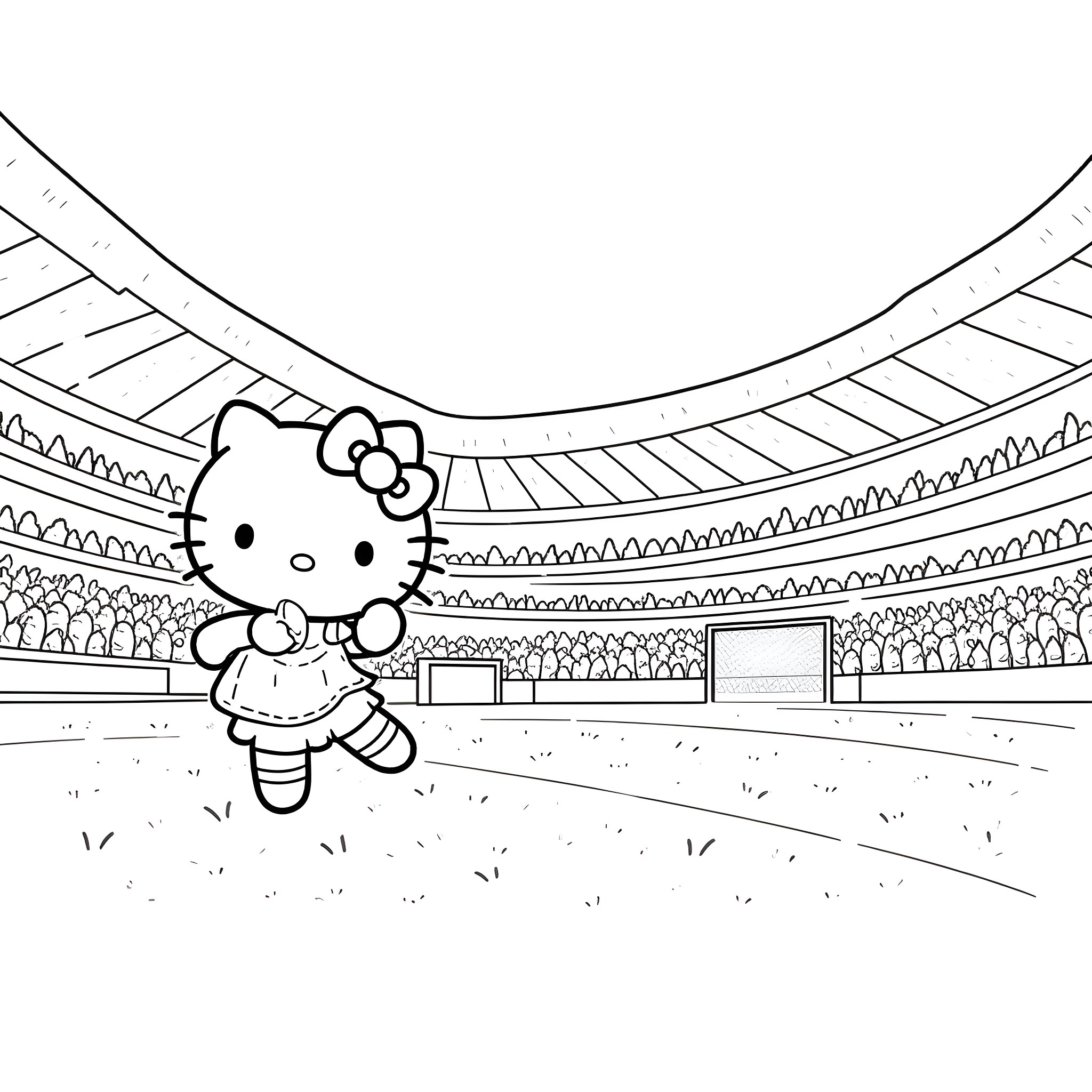 Hello Kitty playing in a stadium Coloring Page (free black-and-white line drawing printable PDF for all, from beginners to advanced learners, including children, teens, adults, and seniors)