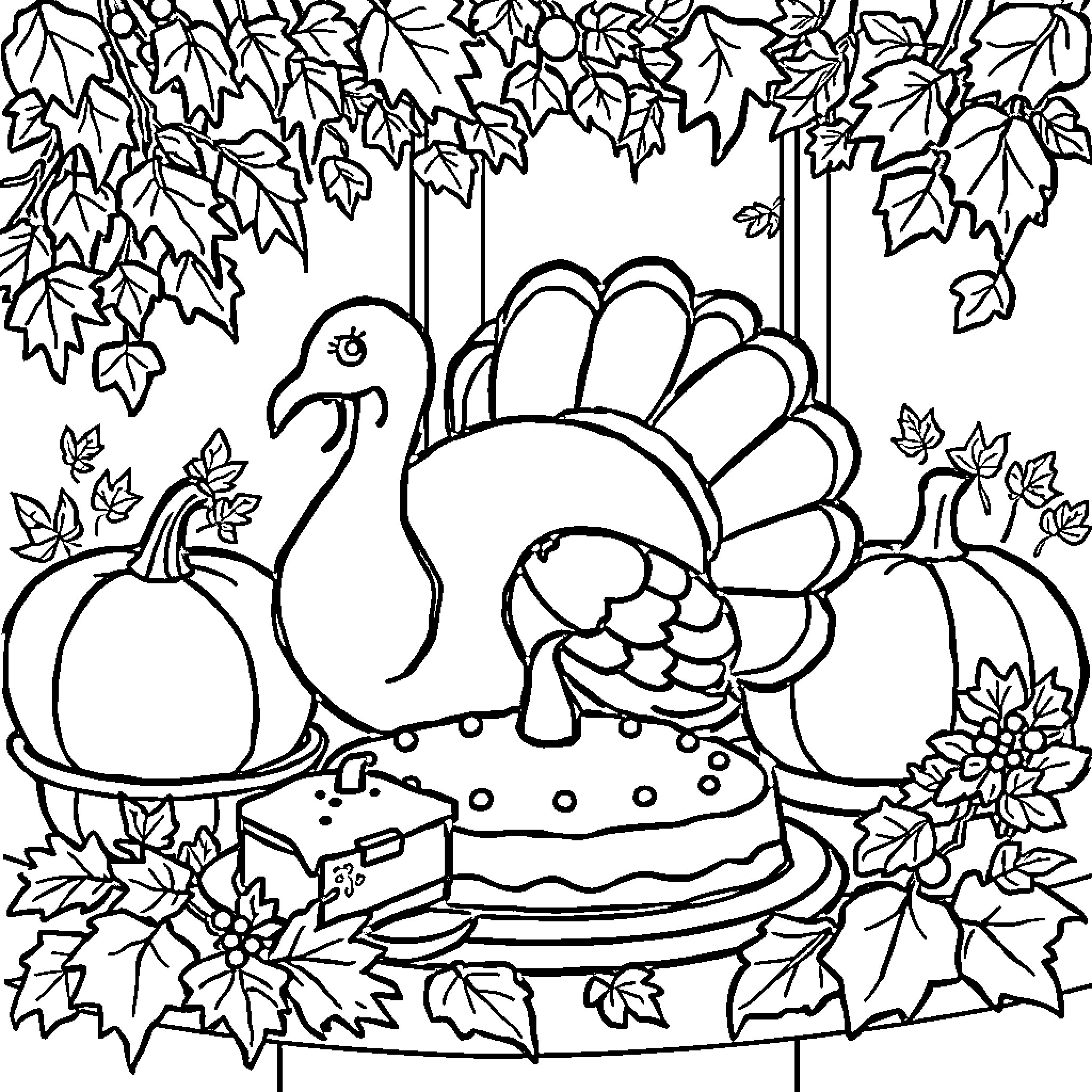 Dinner with Autumn Decor and a Festive Turkey Coloring Page (free black-and-white line drawing printable PDF for all, from beginners to advanced learners, including children, teens, adults, and seniors)