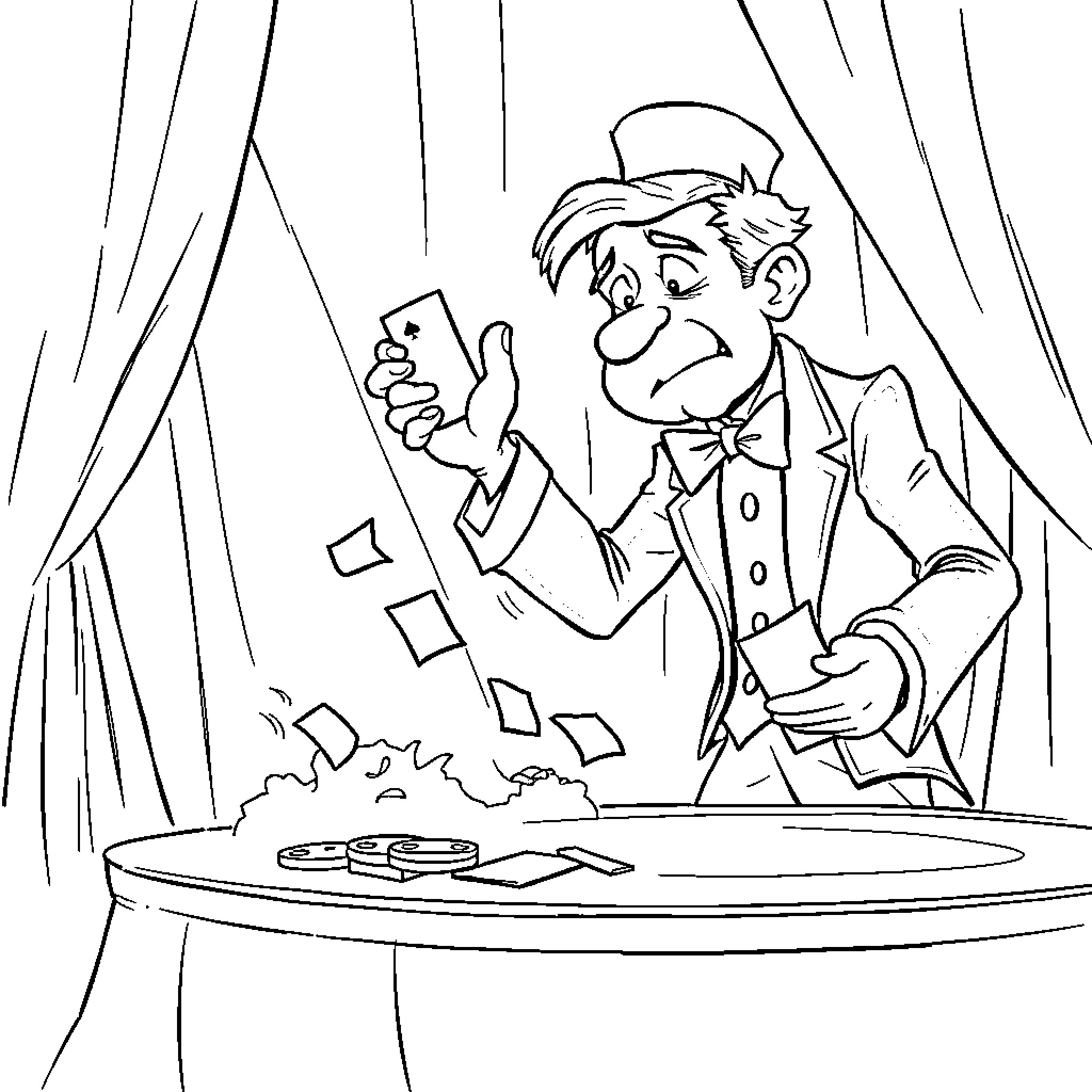 Magician performing tricks on stage Coloring Page (free black-and-white line drawing printable PDF for all, from beginners to advanced learners, including children, teens, adults, and seniors)