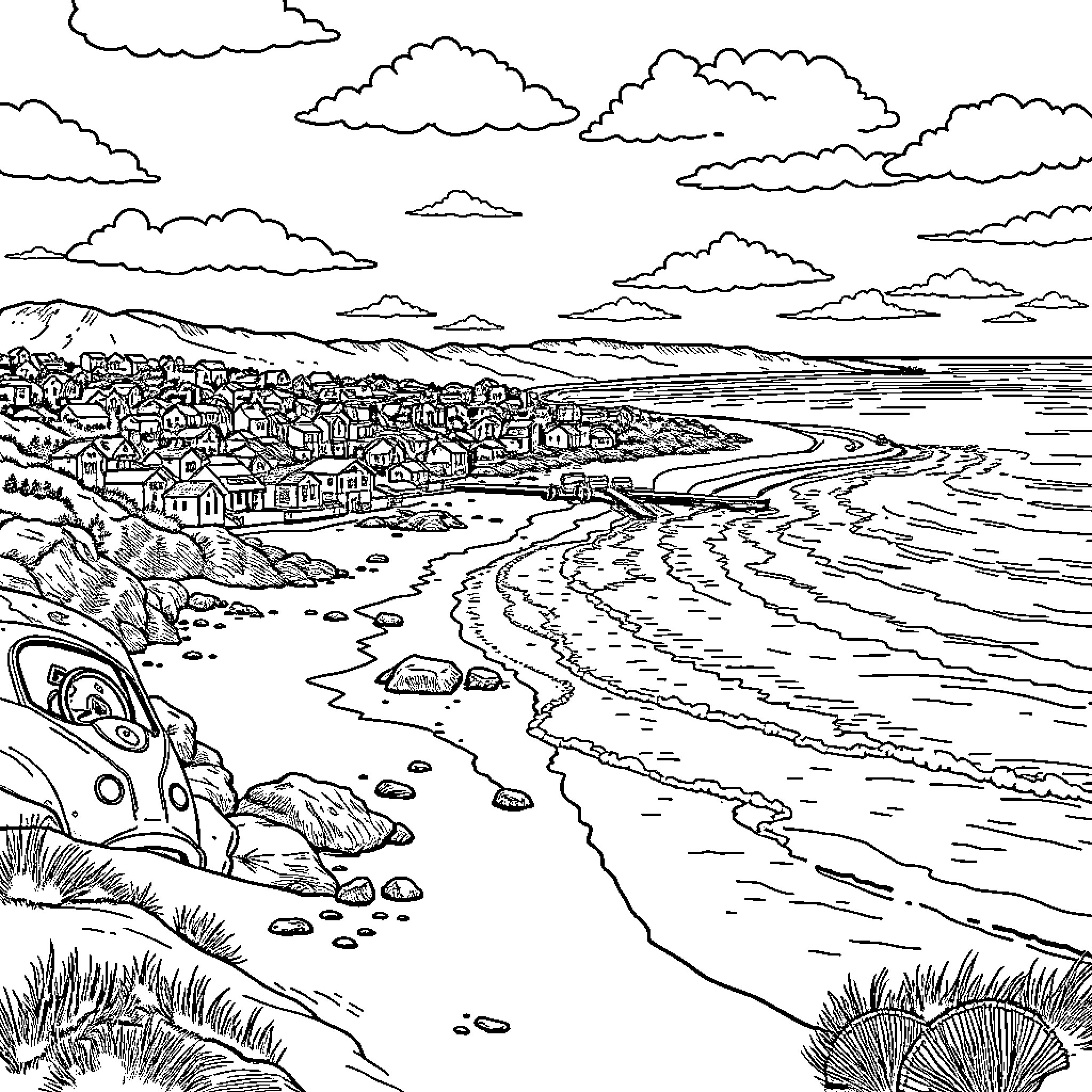 Rhode Island coastal town on a sunny day Coloring Page (free black-and-white line drawing printable PDF for all, from beginners to advanced learners, including children, teens, adults, and seniors)