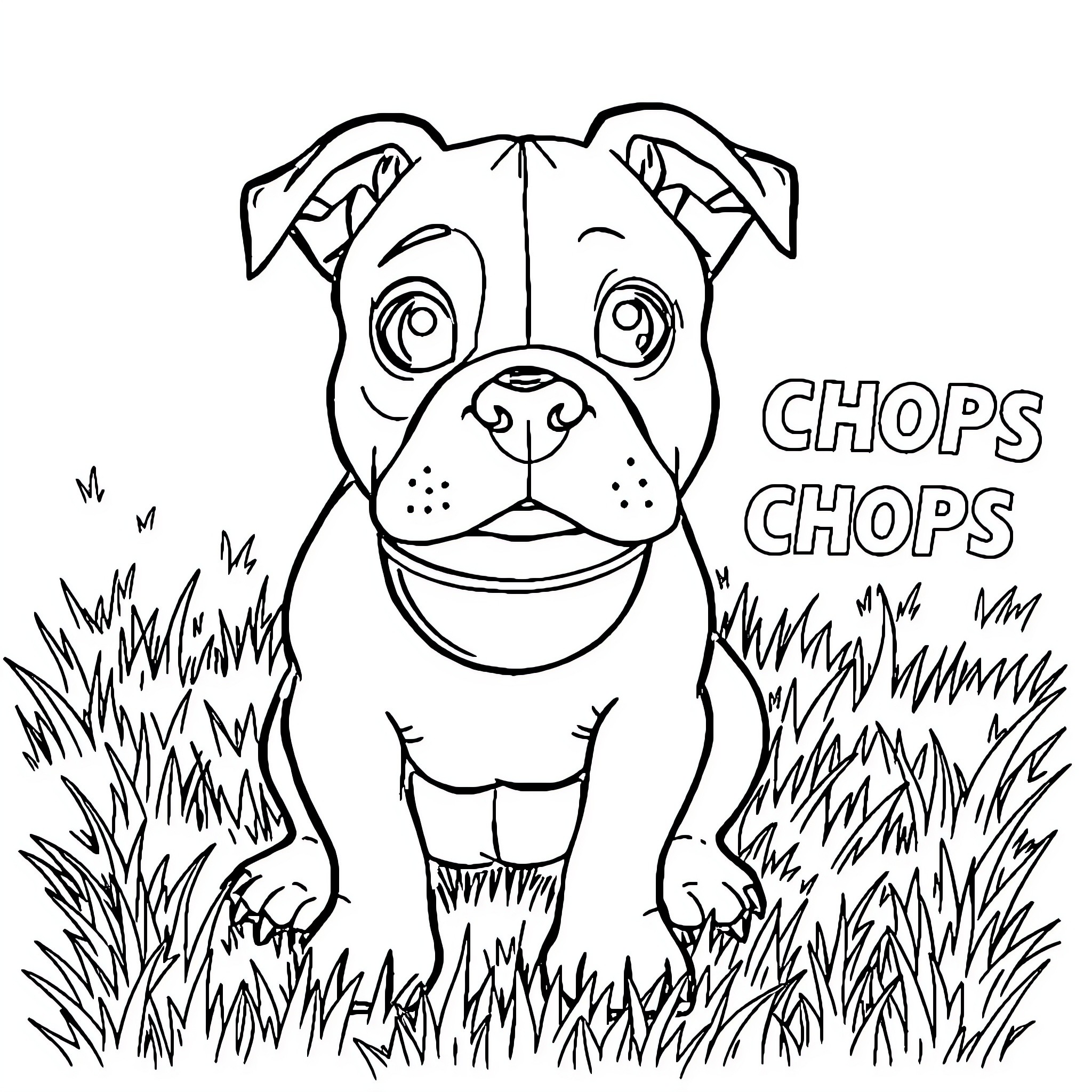Pitbull happily chewing on grass in the yard Coloring Page (free black-and-white line drawing printable PDF for all, from beginners to advanced learners, including children, teens, adults, and seniors)