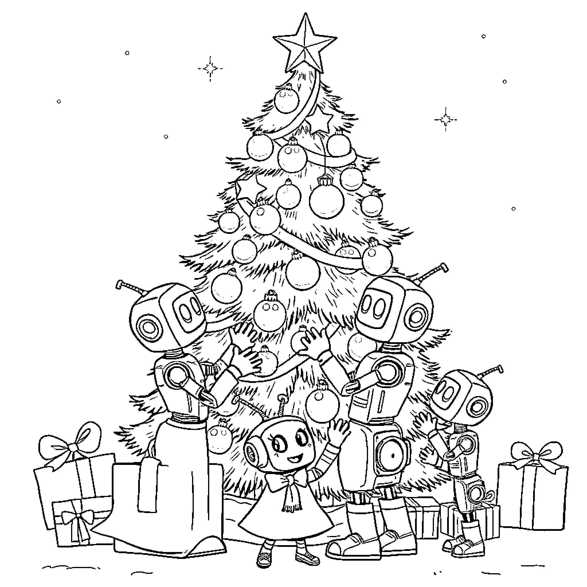 Robot family celebrating Christmas around a decorated tree Coloring Page (free black-and-white line drawing printable PDF for all, from beginners to advanced learners, including children, teens, adults, and seniors)