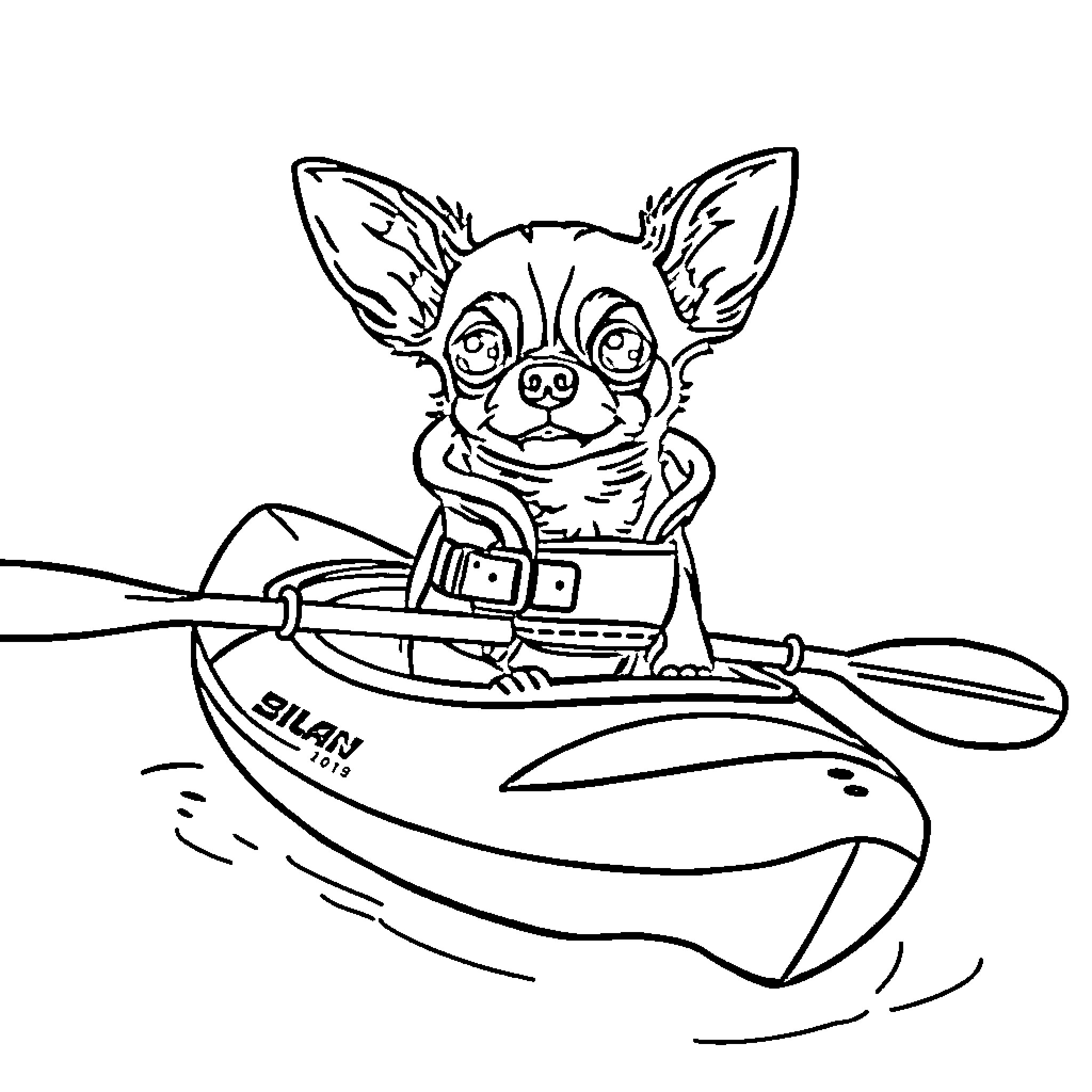 Chihuahua riding a speedboat enthusiastically Coloring Page (free black-and-white line drawing printable PDF for all, from beginners to advanced learners, including children, teens, adults, and seniors)