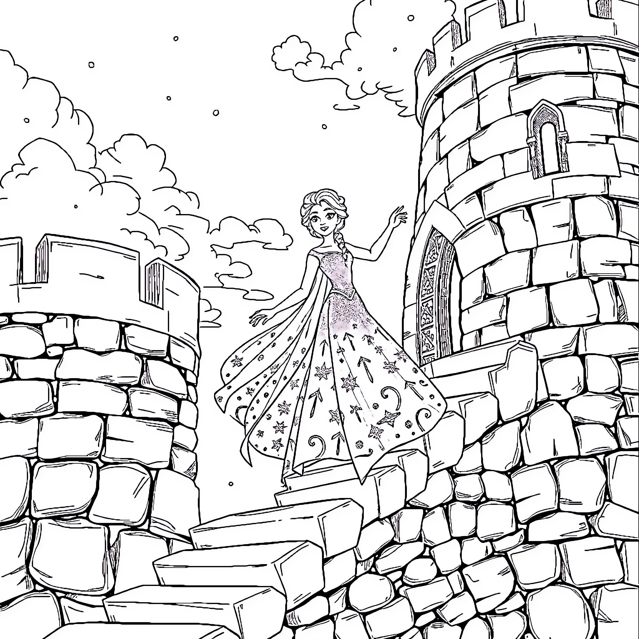 Elsa's Regal Adventure at the Castle Coloring Page (free black-and-white line drawing printable PDF for all, from beginners to advanced learners, including children, teens, adults, and seniors)
