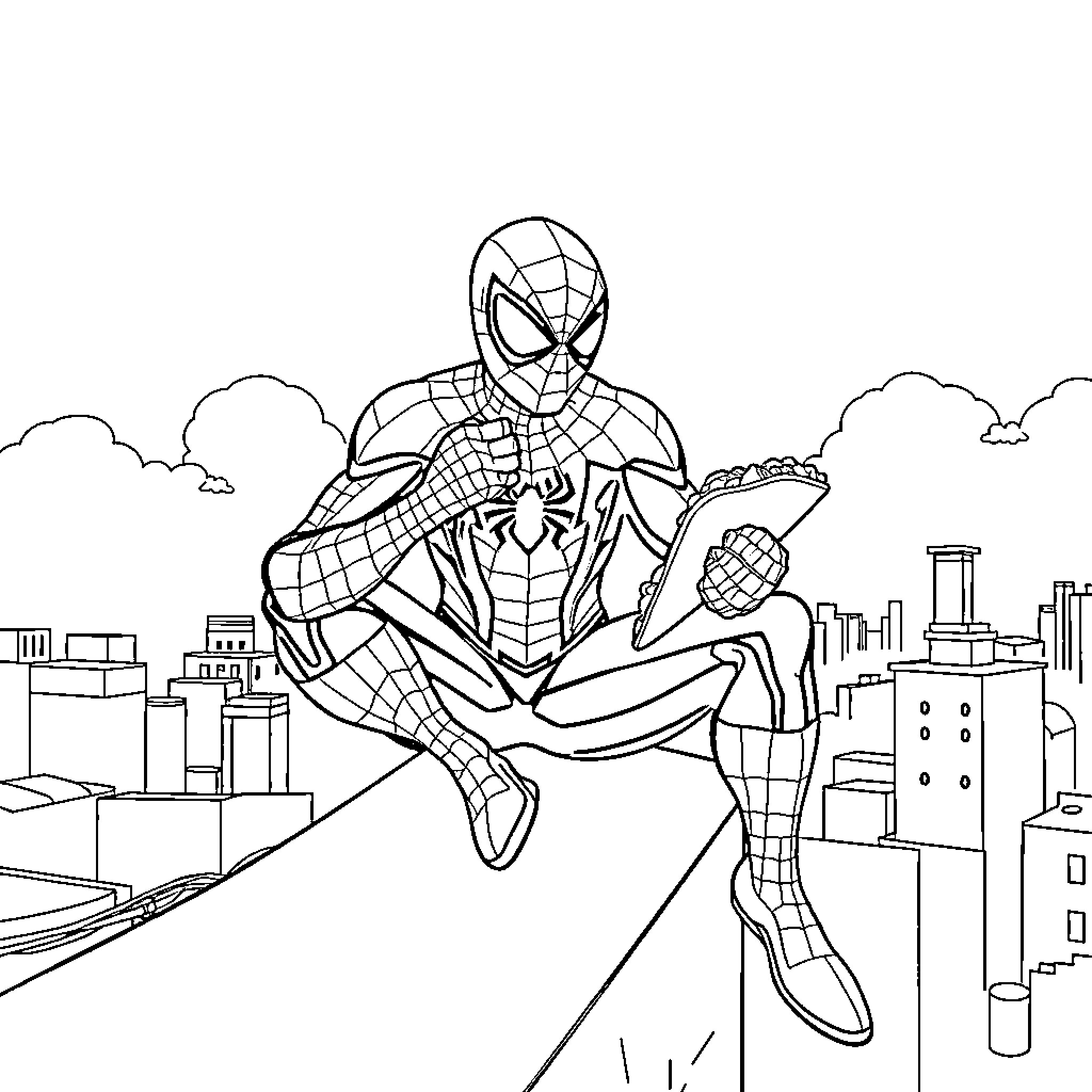 Spiderman heroically swinging through the city Coloring Page (free black-and-white line drawing printable PDF for all, from beginners to advanced learners, including children, teens, adults, and seniors)