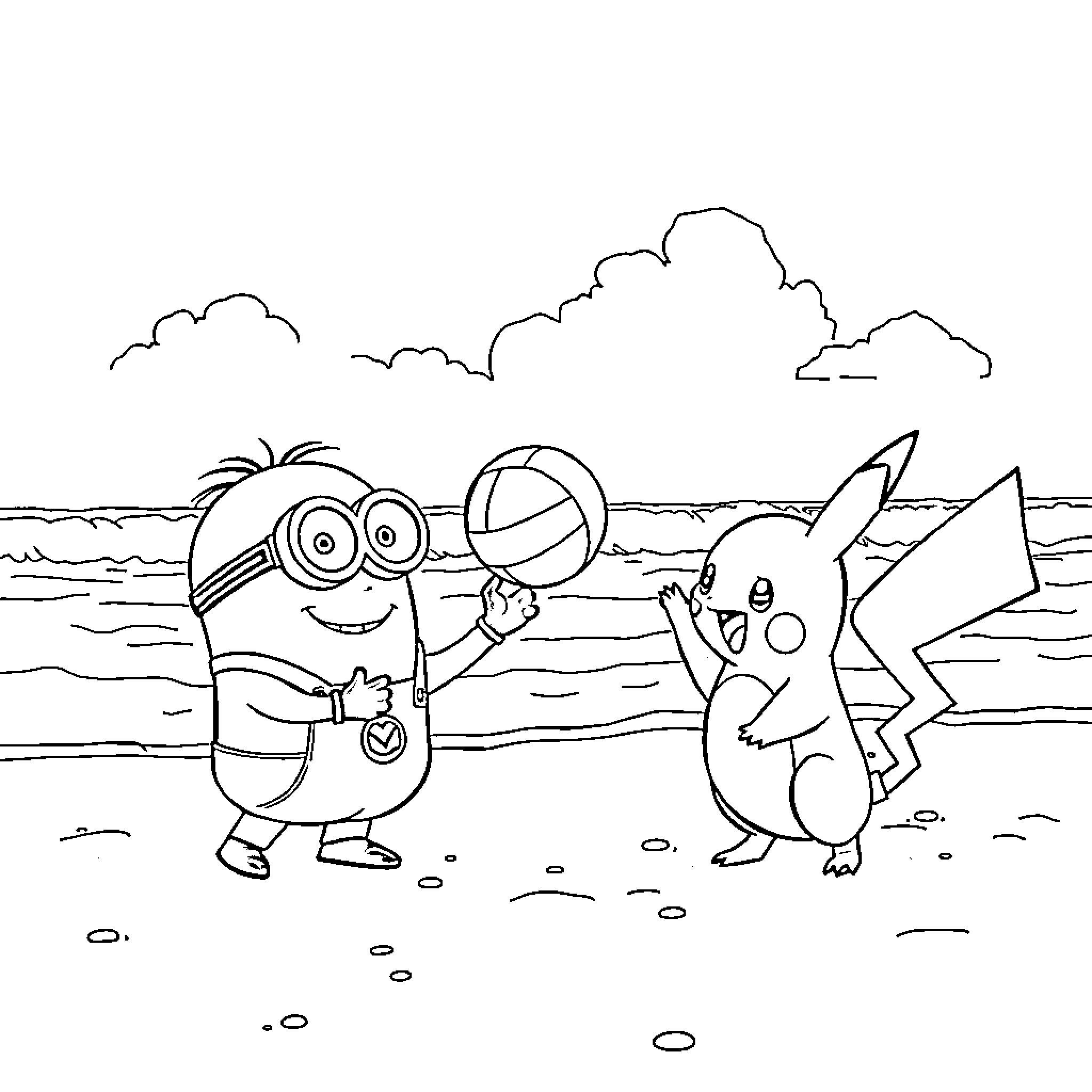 Minion Playing with Pikachu on the Beach Coloring Page (free black-and-white line drawing printable PDF for all, from beginners to advanced learners, including children, teens, adults, and seniors)
