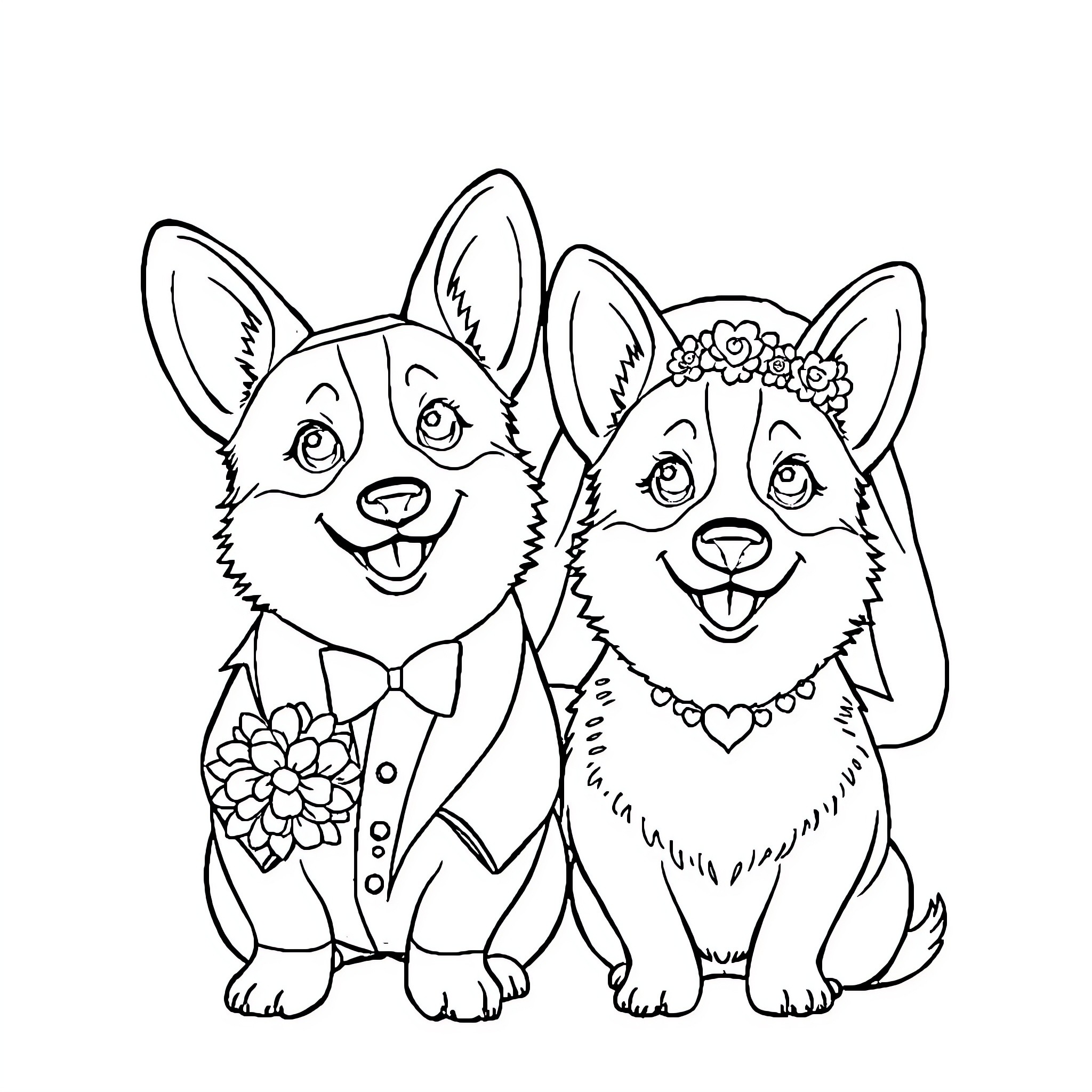 Corgis Celebrating with Flowers and Bows Coloring Page (free black-and-white line drawing printable PDF for all, from beginners to advanced learners, including children, teens, adults, and seniors)