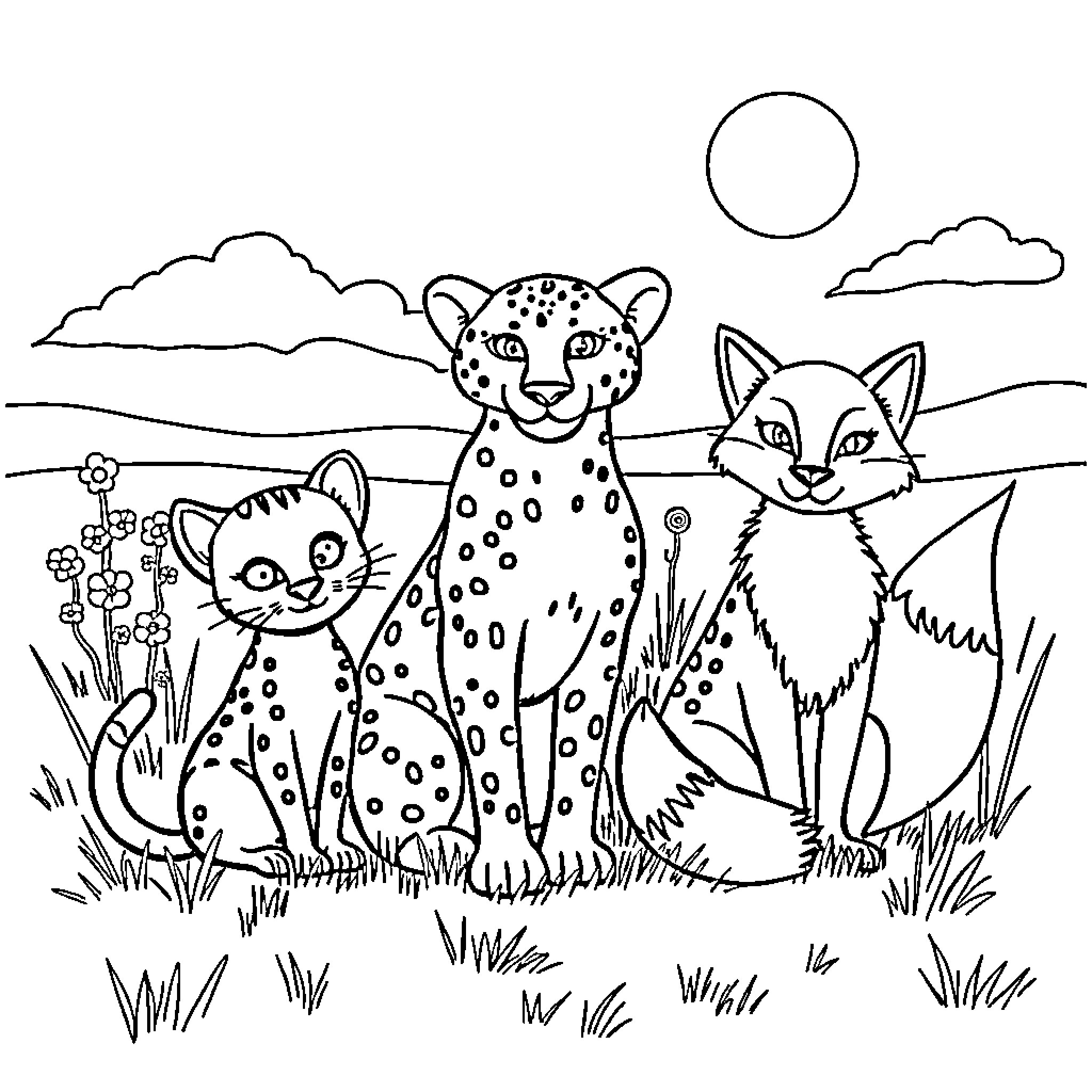 Cat and Friends in Outdoor Scene Coloring Page (free black-and-white line drawing printable PDF for all, from beginners to advanced learners, including children, teens, adults, and seniors)