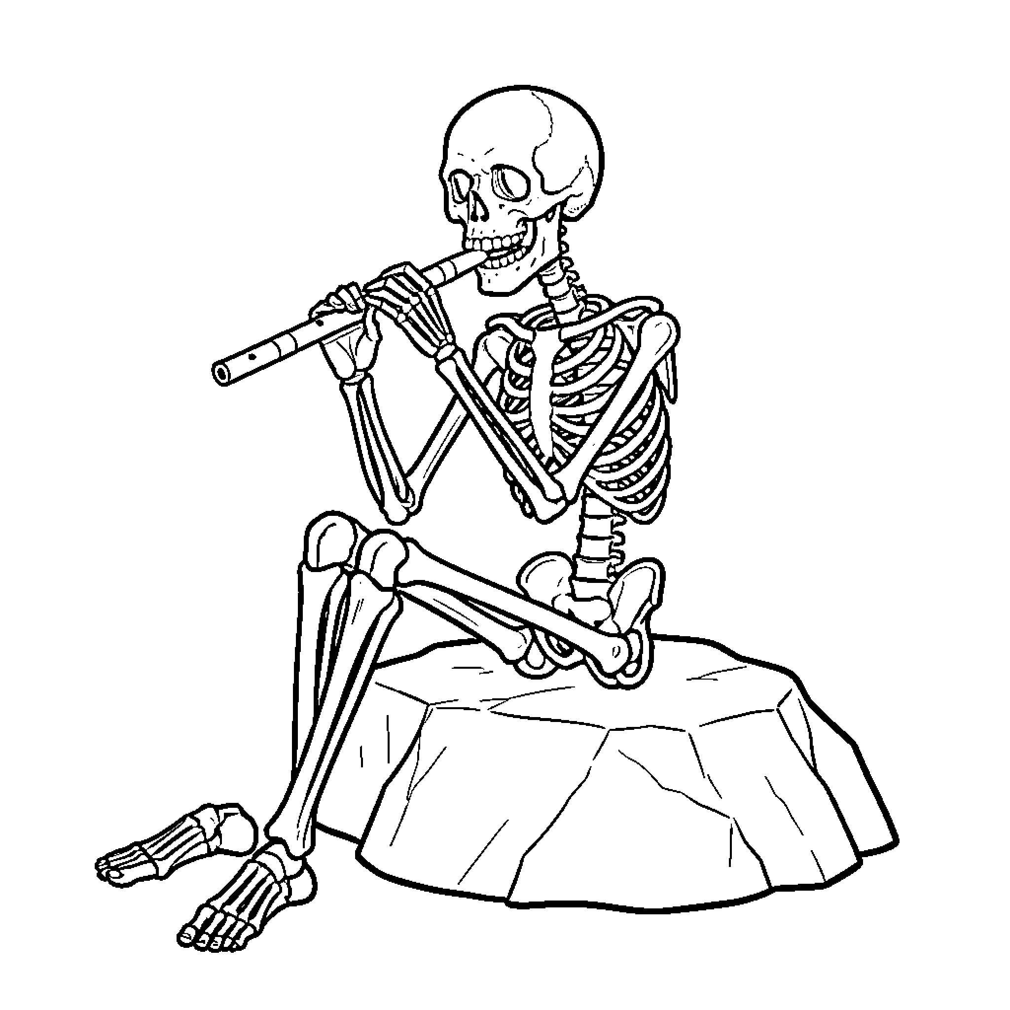 Skeleton playing musical instrument on rocky surface Coloring Page (free black-and-white line drawing printable PDF for all, from beginners to advanced learners, including children, teens, adults, and seniors)