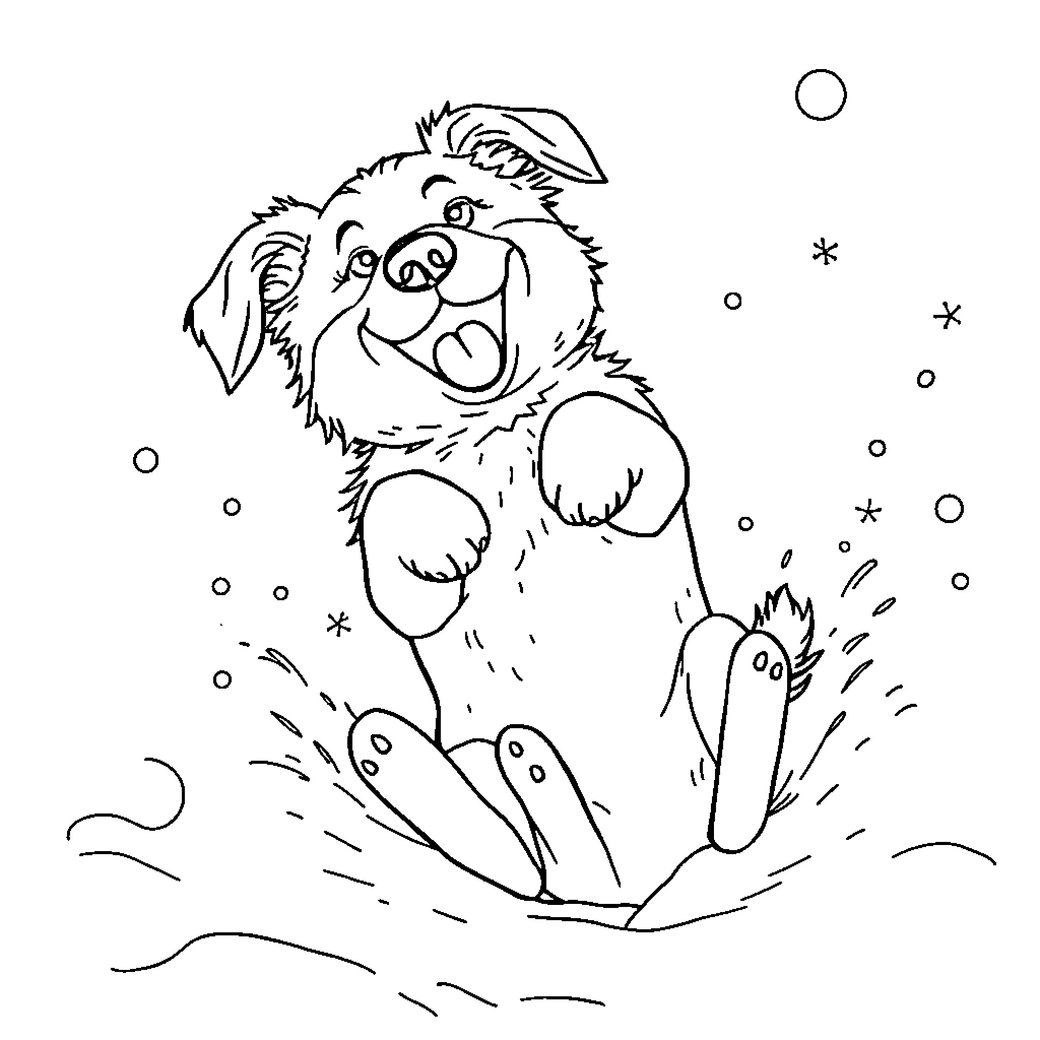 Dog happily playing in the snow Coloring Page (free black-and-white line drawing printable PDF for all, from beginners to advanced learners, including children, teens, adults, and seniors)