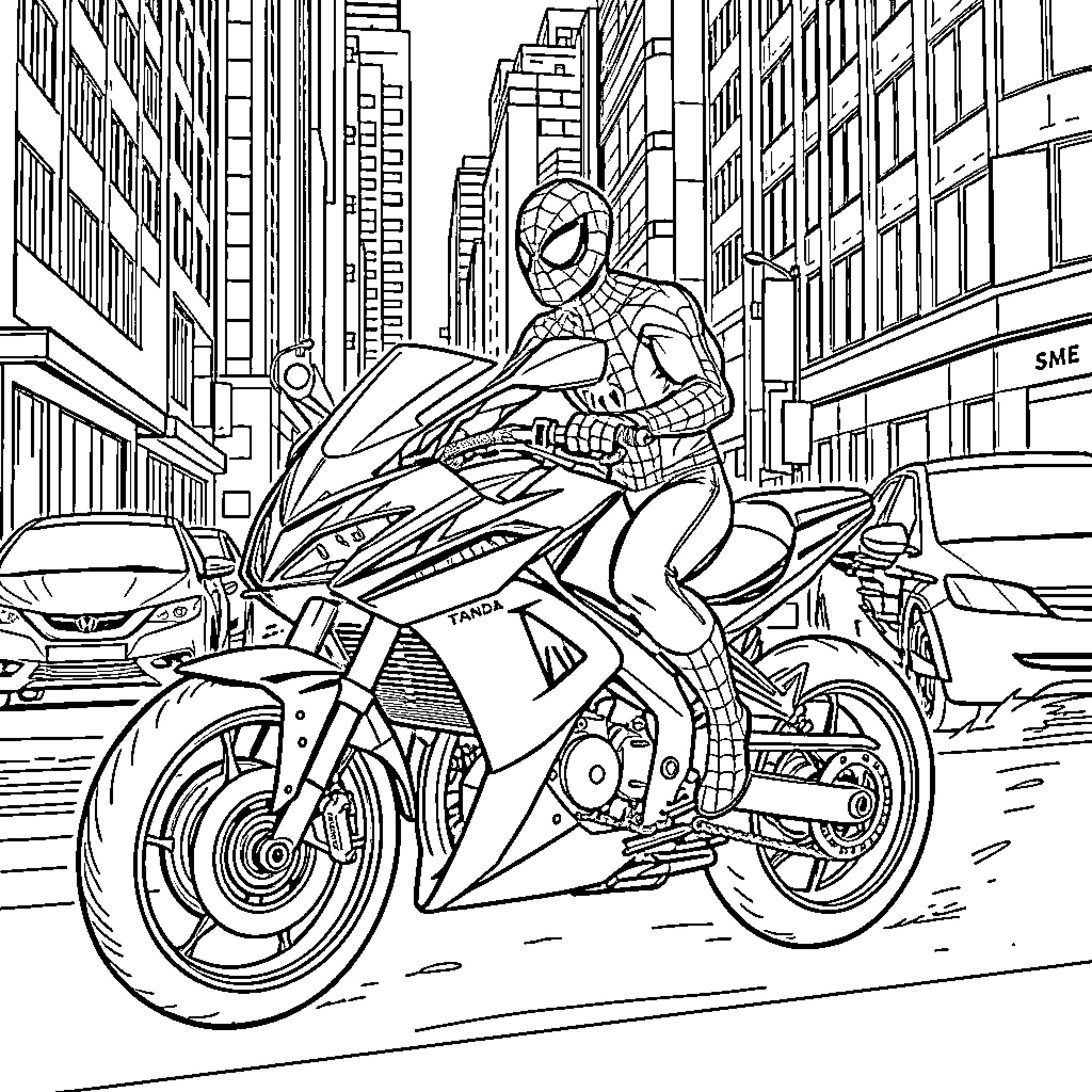 Spider-Man riding a motorcycle through the city Coloring Page (free black-and-white line drawing printable PDF for all, from beginners to advanced learners, including children, teens, adults, and seniors)