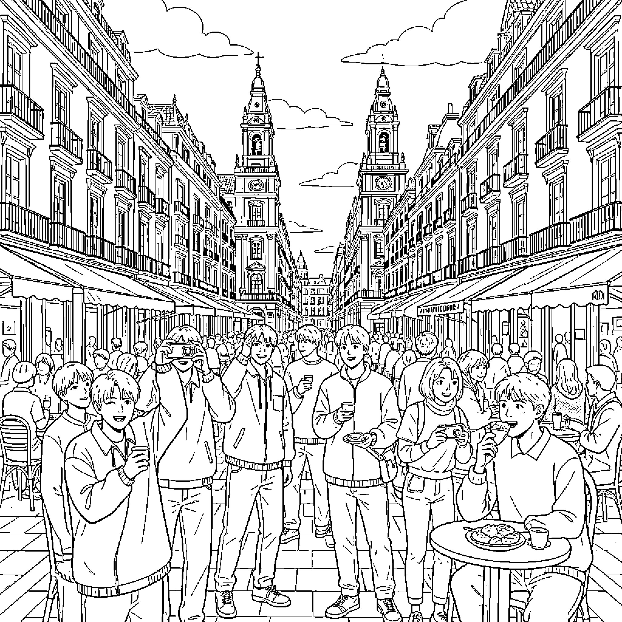 BTS walking and enjoying a lively city street scene Coloring Page (free black-and-white line drawing printable PDF for all, from beginners to advanced learners, including children, teens, adults, and seniors)