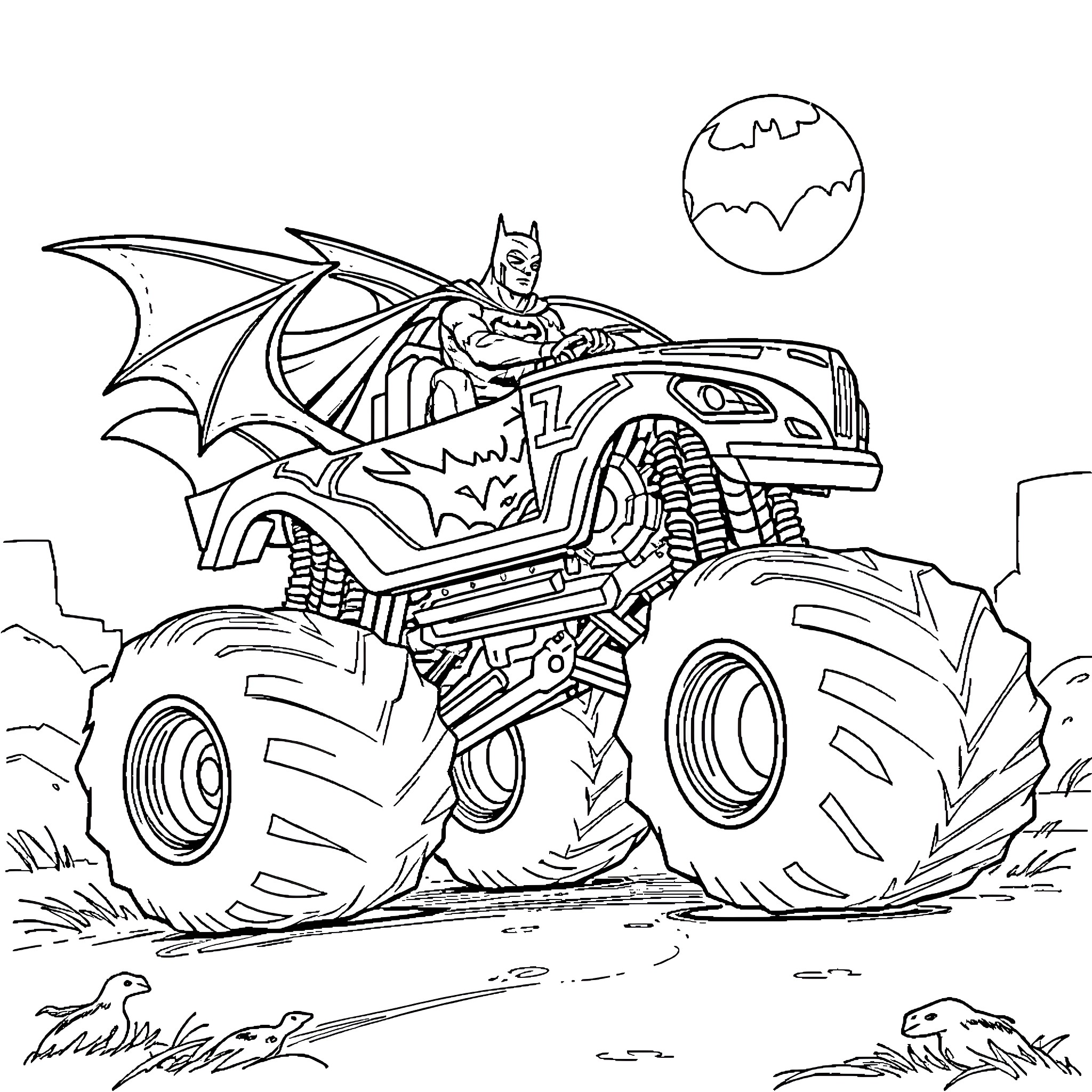 Batman Rides Monstrous Bat-Powered Vehiclein Moonlit Scene Coloring Page (free black-and-white line drawing printable PDF for all, from beginners to advanced learners, including children, teens, adults, and seniors)