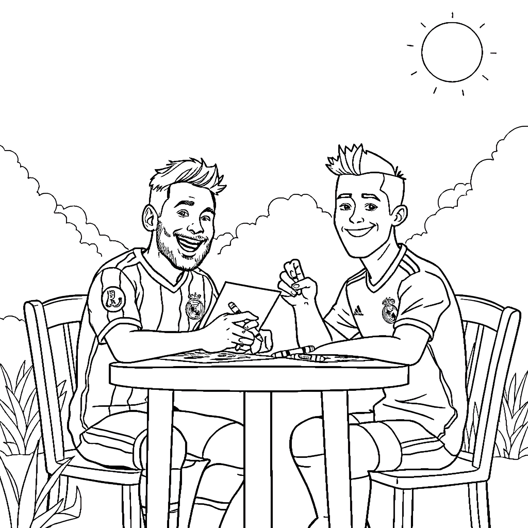 Messi with teammate having a friendly chat Coloring Page (free black-and-white line drawing printable PDF for all, from beginners to advanced learners, including children, teens, adults, and seniors)