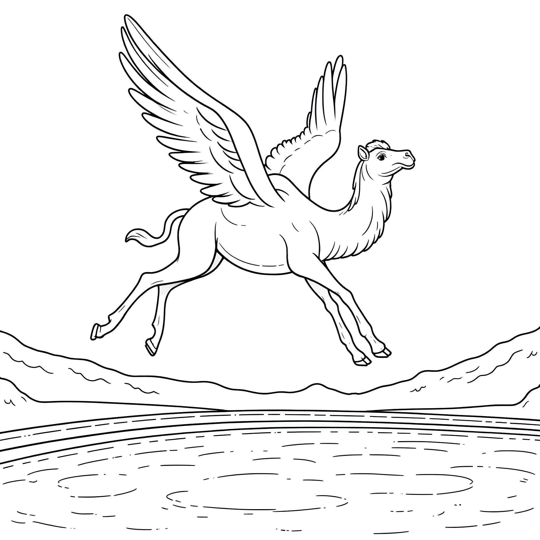 Camel with wings flying over a landscape Coloring Page (free black-and-white line drawing printable PDF for all, from beginners to advanced learners, including children, teens, adults, and seniors)