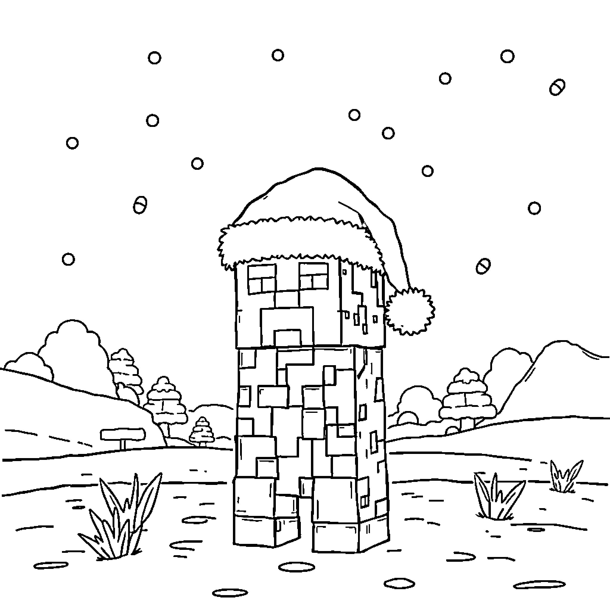Creeper exploring a snowy landscape Coloring Page (free black-and-white line drawing printable PDF for all, from beginners to advanced learners, including children, teens, adults, and seniors)