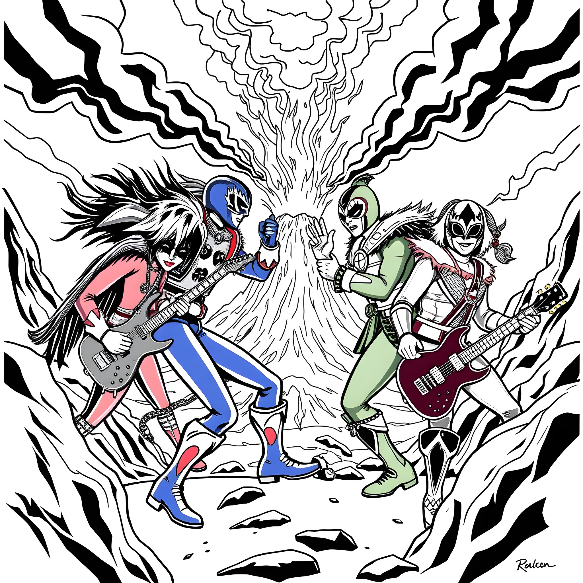 Power Rangers Shredding Guitars in Epic Rock Pose Coloring Page (free black-and-white line drawing printable PDF for all, from beginners to advanced learners, including children, teens, adults, and seniors)