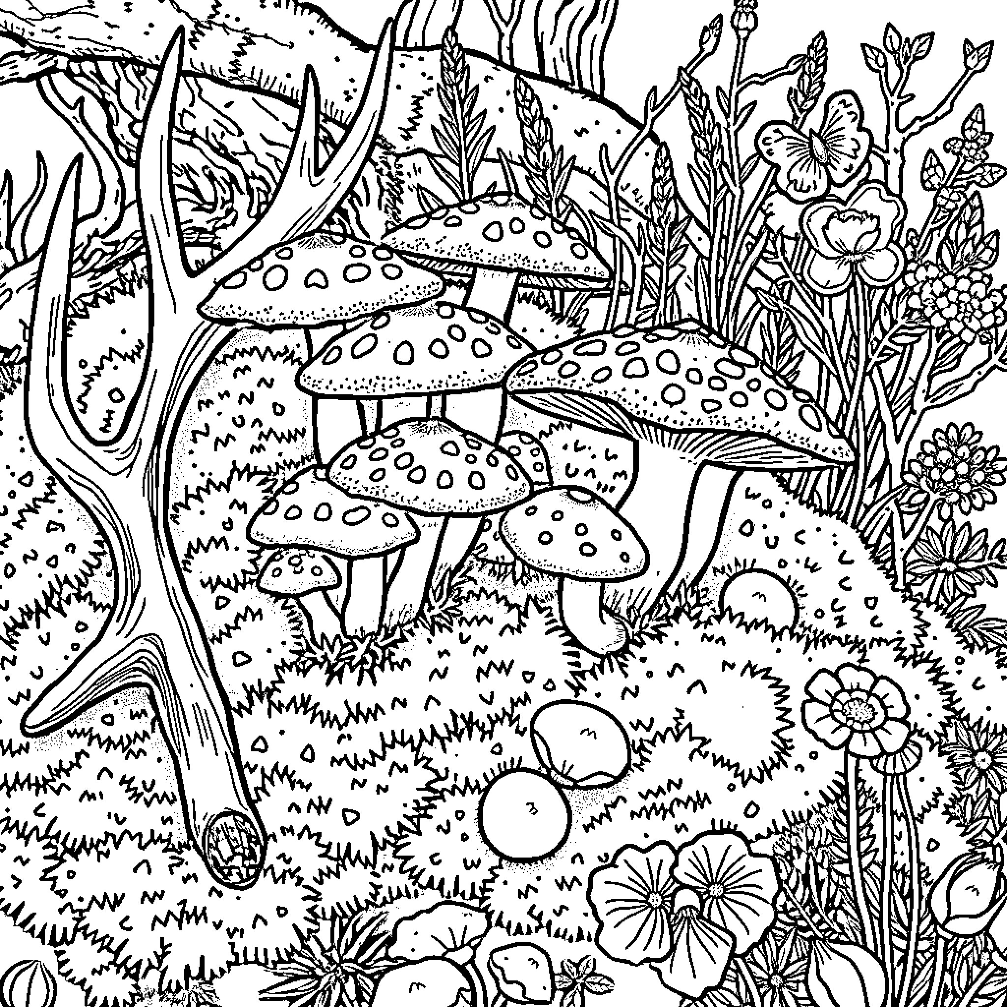Mushroom Fantasy Garden Scene Coloring Page (free black-and-white line drawing printable PDF for all, from beginners to advanced learners, including children, teens, adults, and seniors)