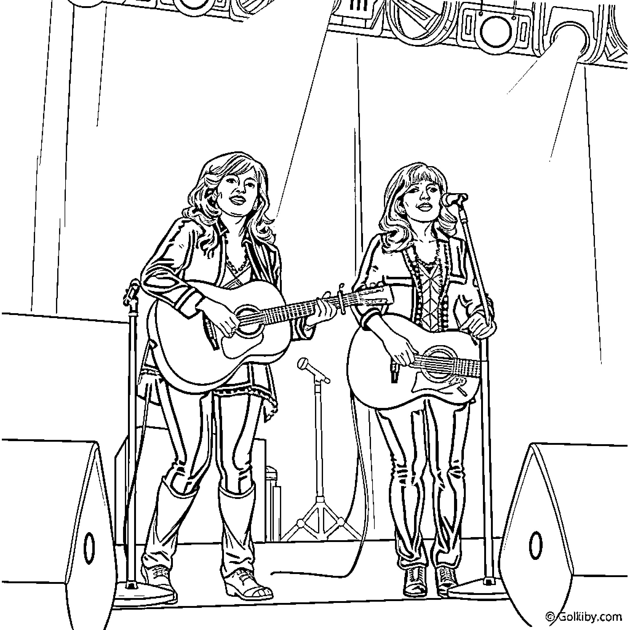 Judds performing on stage with guitars Coloring Page (free black-and-white line drawing printable PDF for all, from beginners to advanced learners, including children, teens, adults, and seniors)