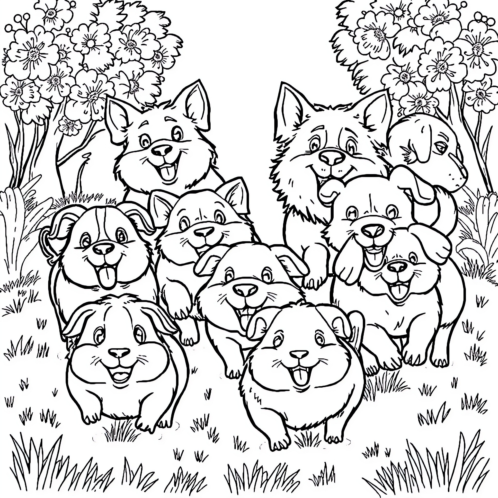 Guinea Pig Family Enjoying the Floral Garden Coloring Page (free black-and-white line drawing printable PDF for all, from beginners to advanced learners, including children, teens, adults, and seniors)