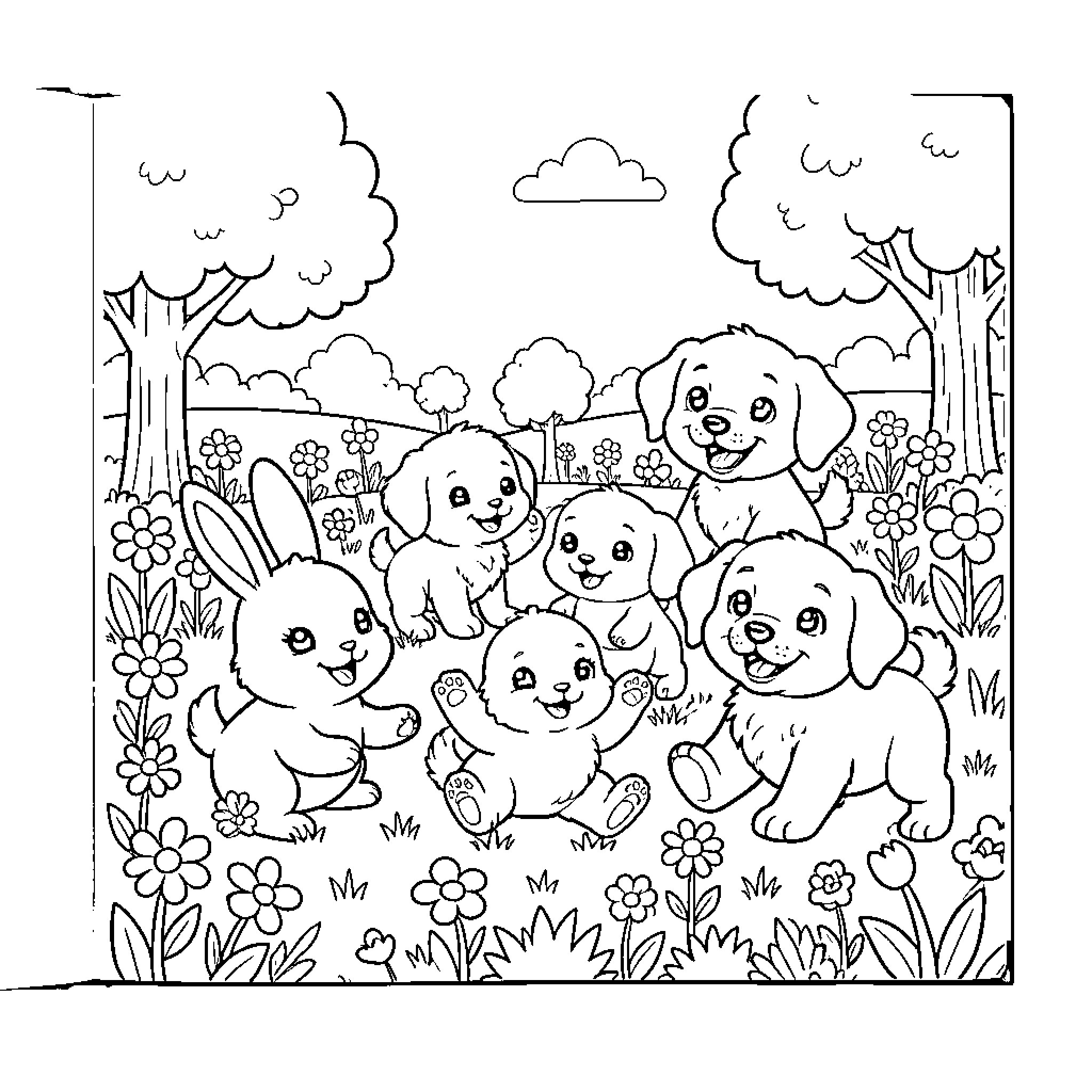 Baby Animals Frolicking in a Flower-filled Meadow Coloring Page (free black-and-white line drawing printable PDF for all, from beginners to advanced learners, including children, teens, adults, and seniors)