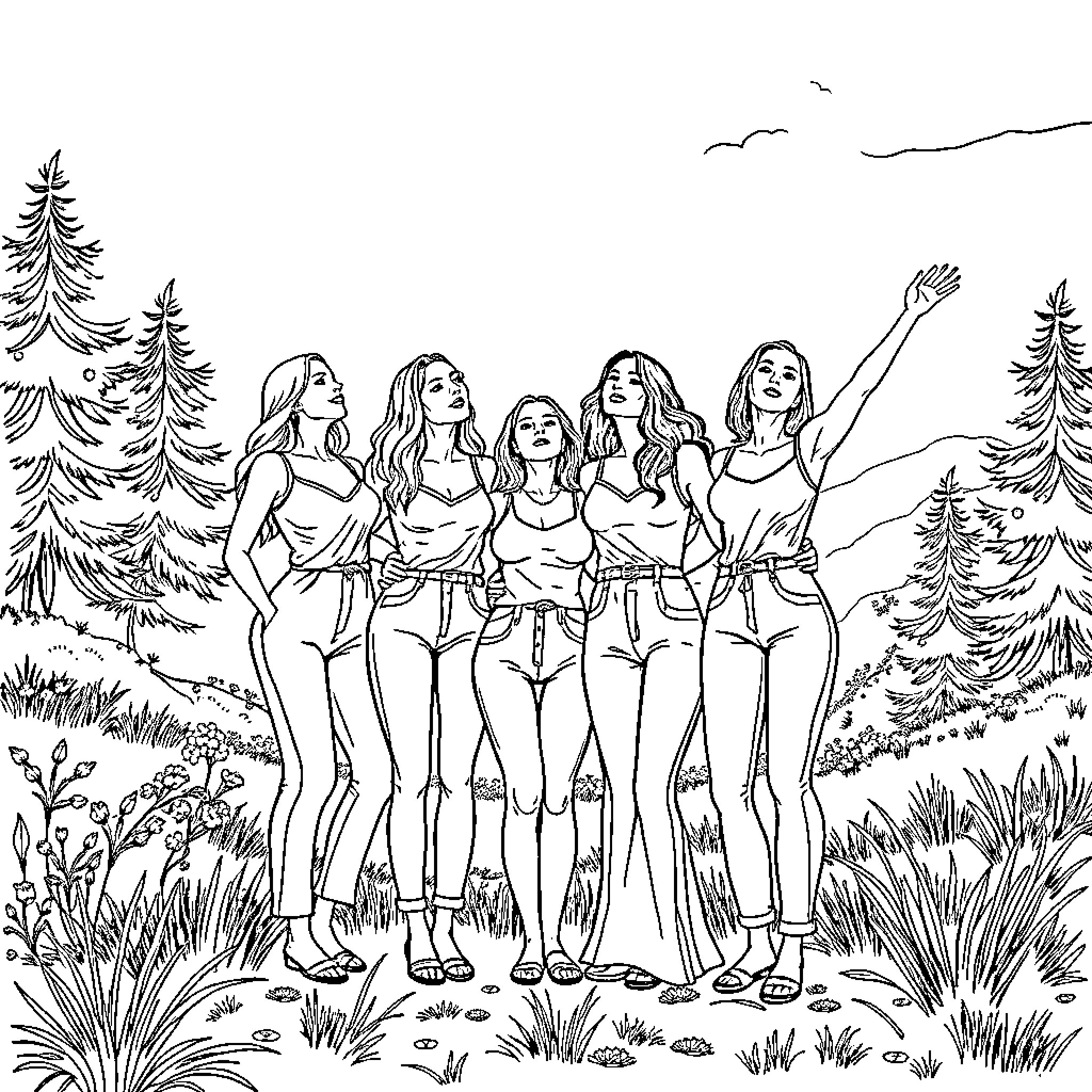 Woman celebrating in the wilderness with friends Coloring Page (free black-and-white line drawing printable PDF for all, from beginners to advanced learners, including children, teens, adults, and seniors)