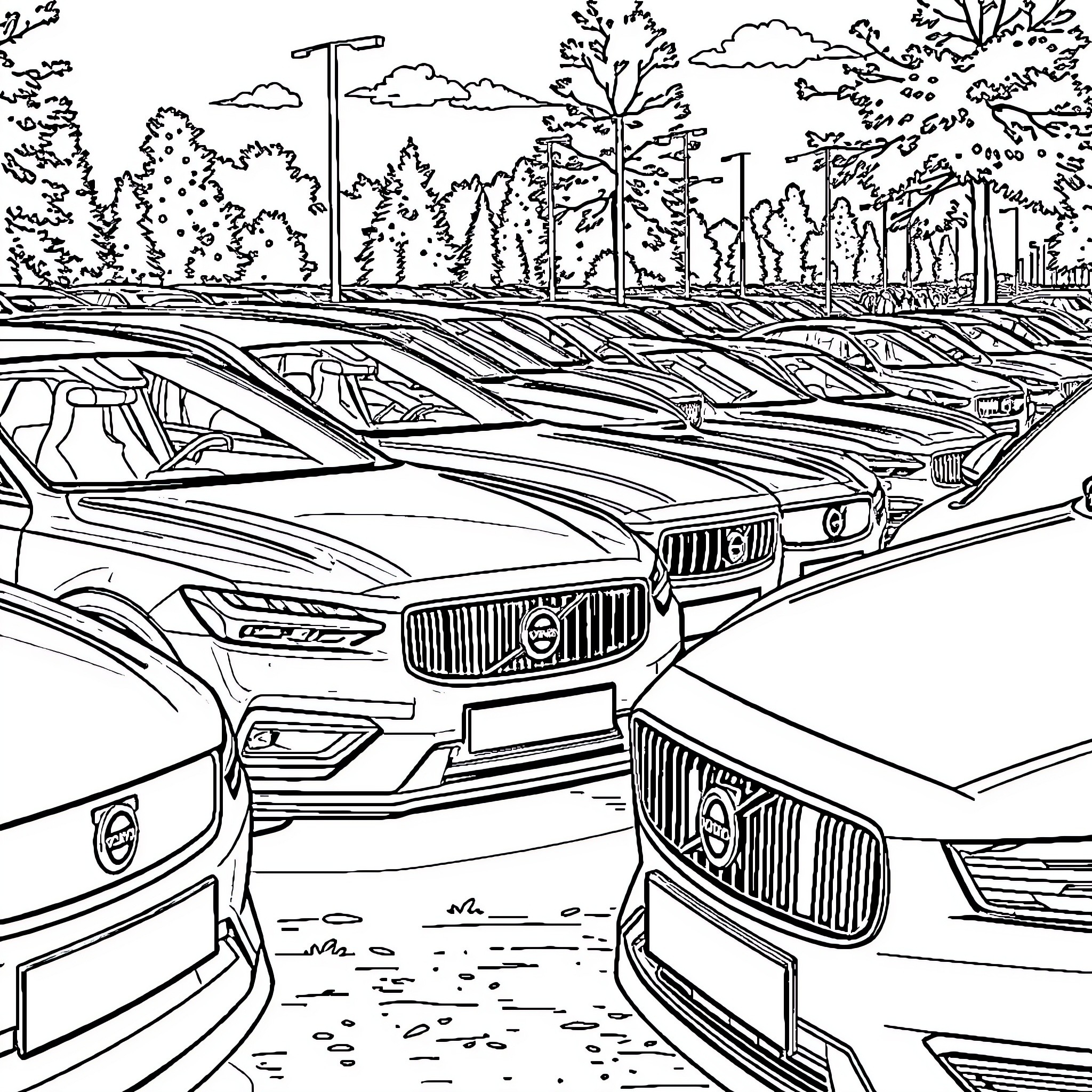 Volvo cars parked in the forest clearing Coloring Page (free black-and-white line drawing printable PDF for all, from beginners to advanced learners, including children, teens, adults, and seniors)