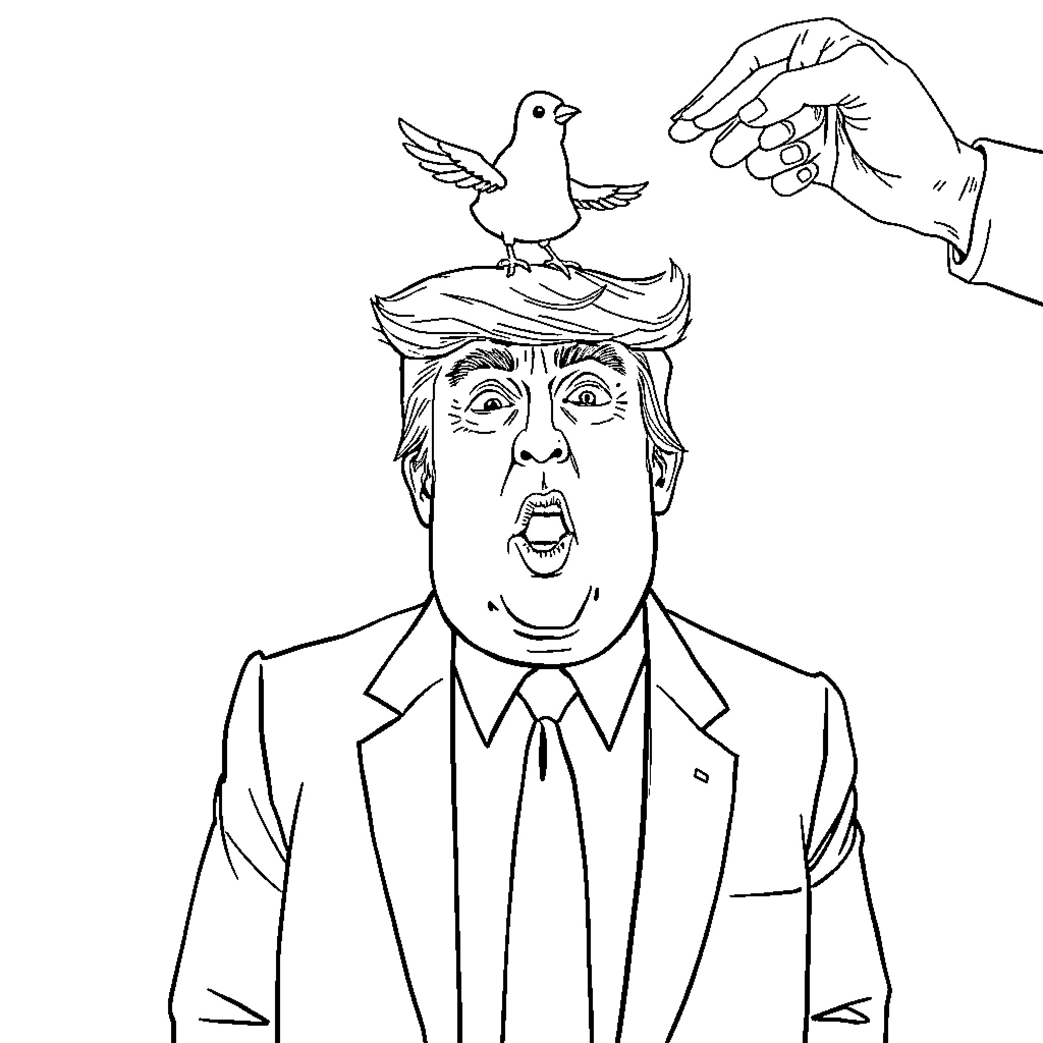 Donald Trump with bird perched on his head Coloring Page (free black-and-white line drawing printable PDF for all, from beginners to advanced learners, including children, teens, adults, and seniors)