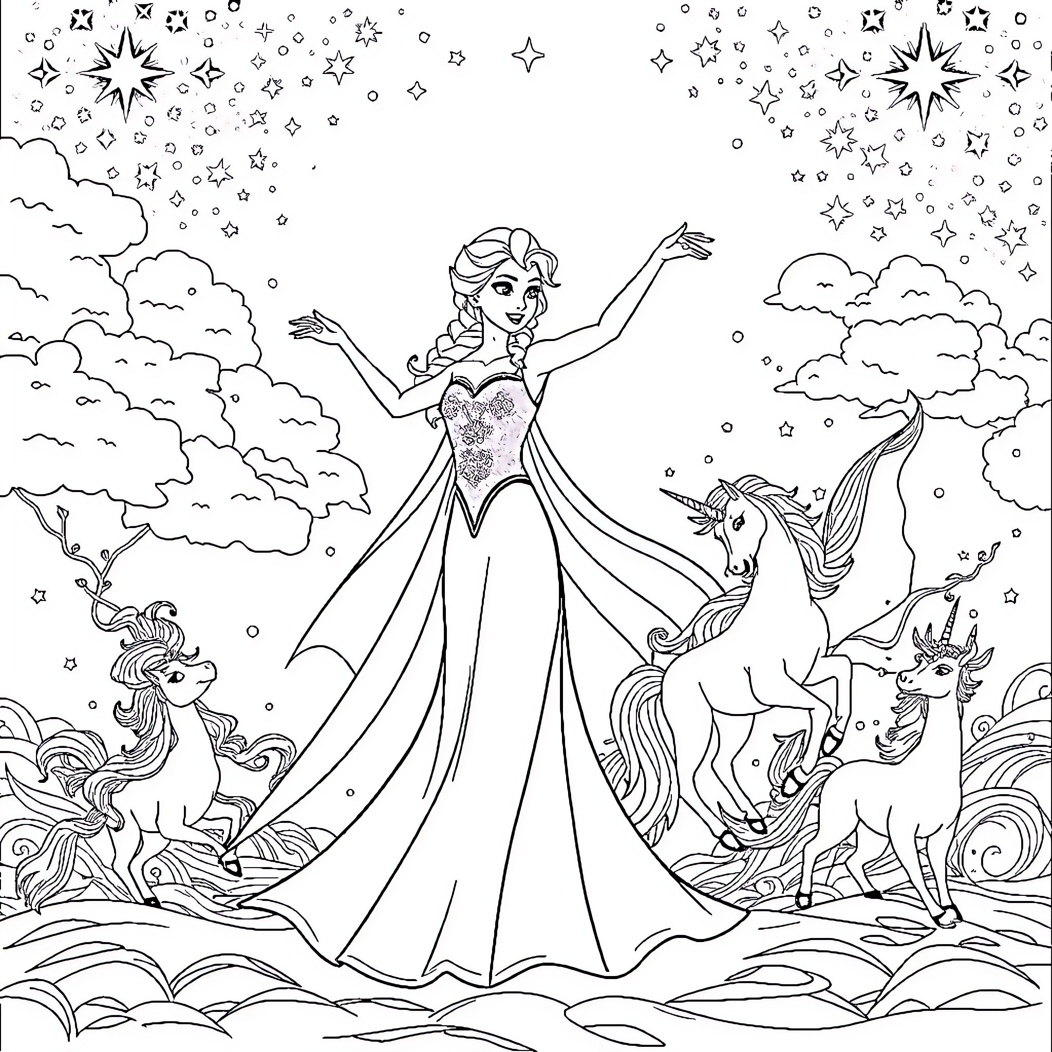 Elsa's Magical Winter Wonderland Coloring Page (free black-and-white line drawing printable PDF for all, from beginners to advanced learners, including children, teens, adults, and seniors)
