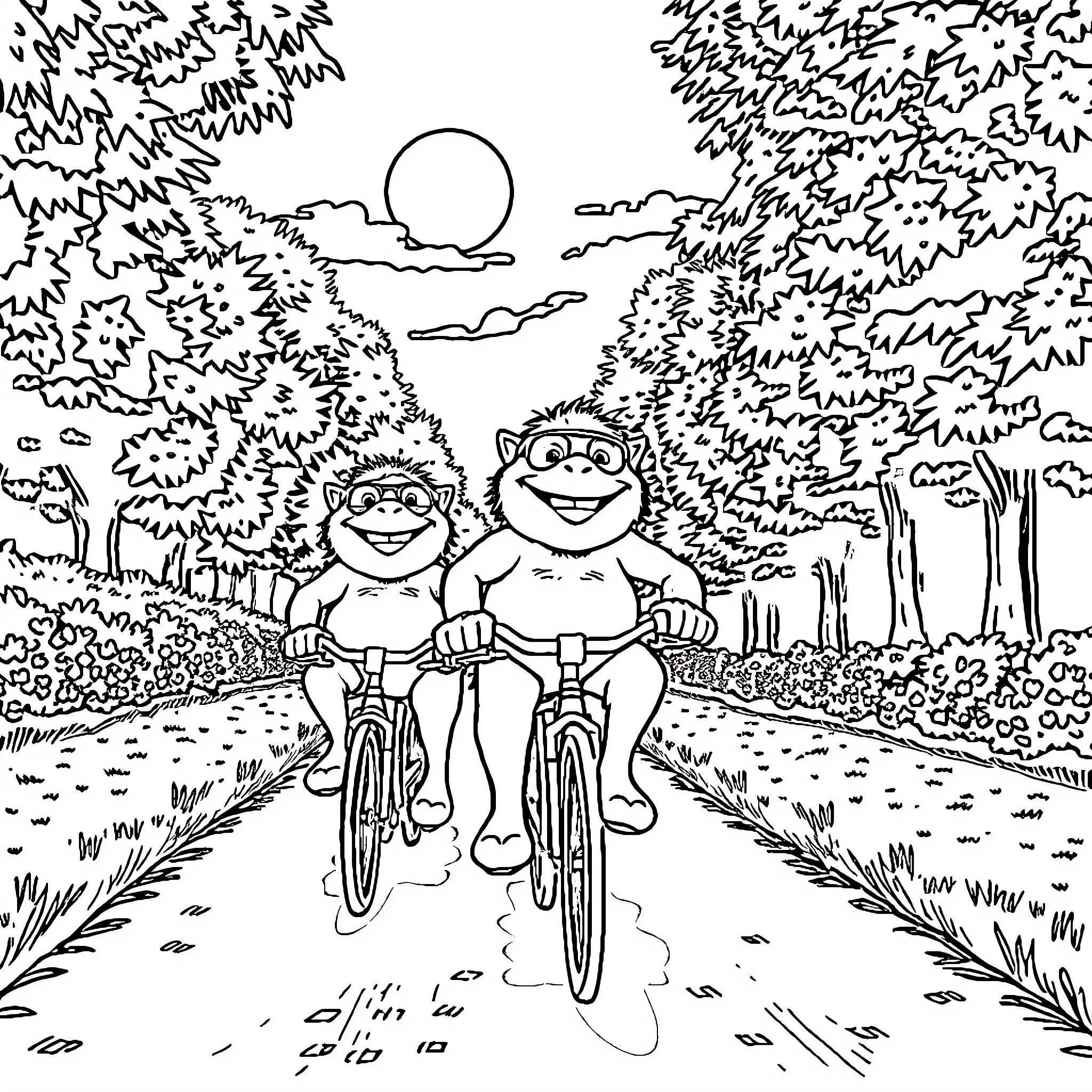Smurfs on bicycles in a scenic outdoor setting Coloring Page (free black-and-white line drawing printable PDF for all, from beginners to advanced learners, including children, teens, adults, and seniors)