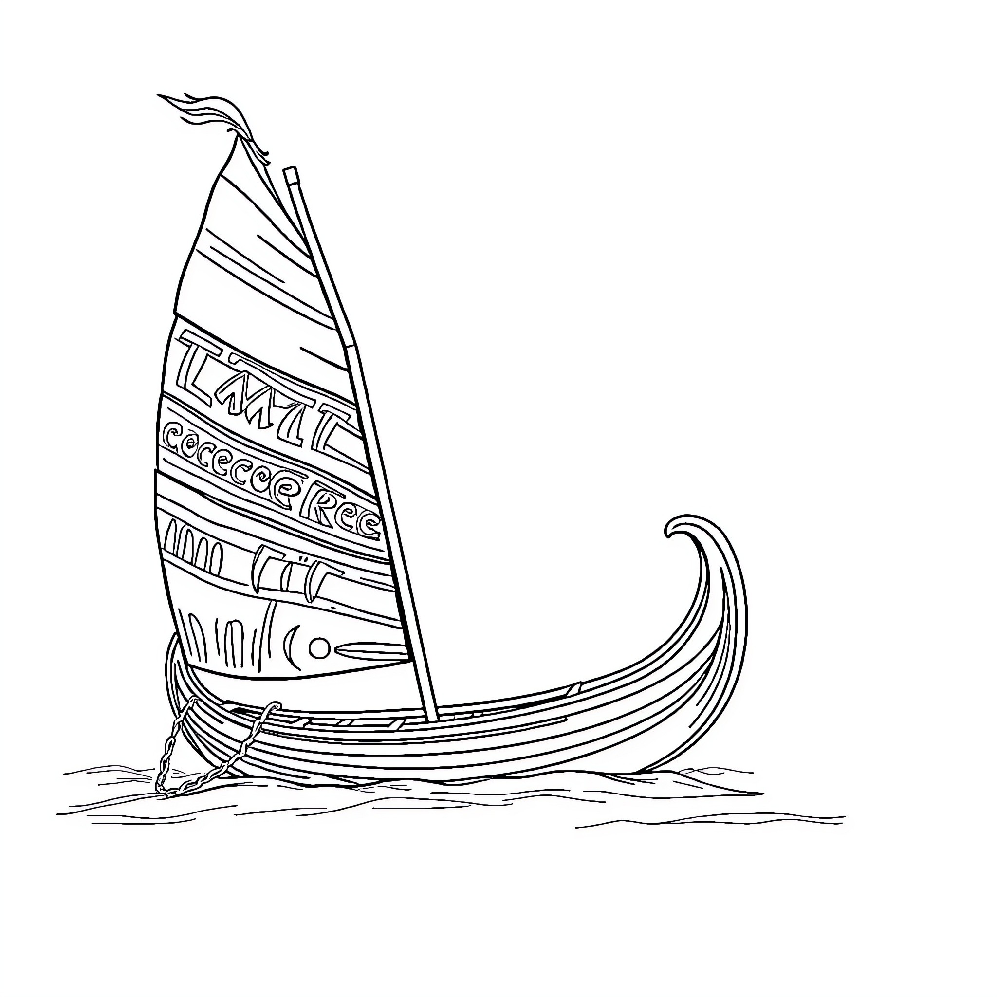 Pirogue sailing gracefully on the water Coloring Page (free black-and-white line drawing printable PDF for all, from beginners to advanced learners, including children, teens, adults, and seniors)