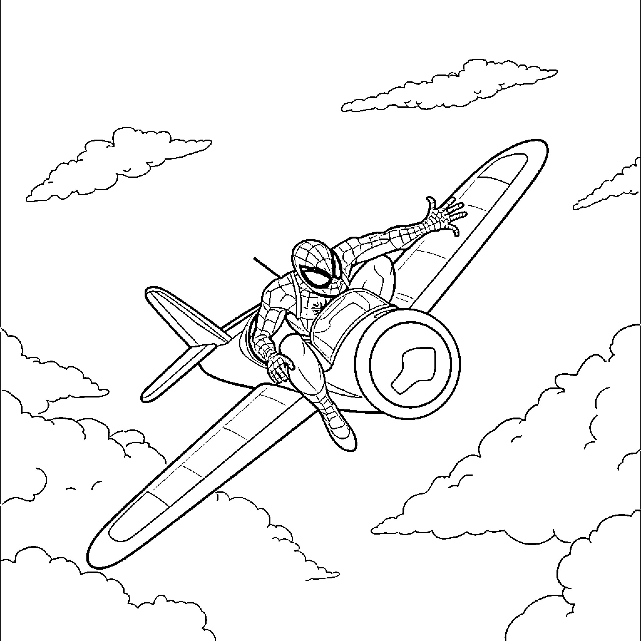 Spiderman soaring through the clouds in a biplane Coloring Page (free black-and-white line drawing printable PDF for all, from beginners to advanced learners, including children, teens, adults, and seniors)