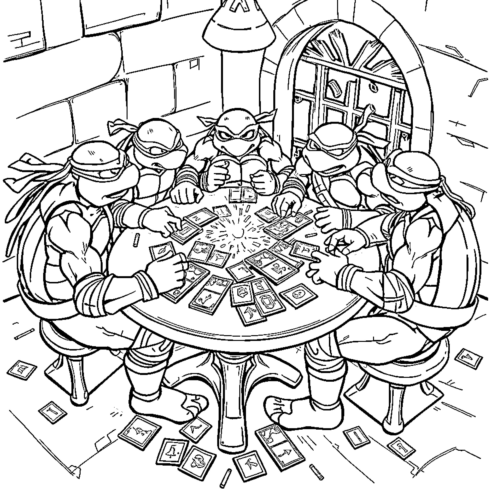 Teenage Mutant Ninja Turtles playing cards and having fun Coloring Page (free black-and-white line drawing printable PDF for all, from beginners to advanced learners, including children, teens, adults, and seniors)