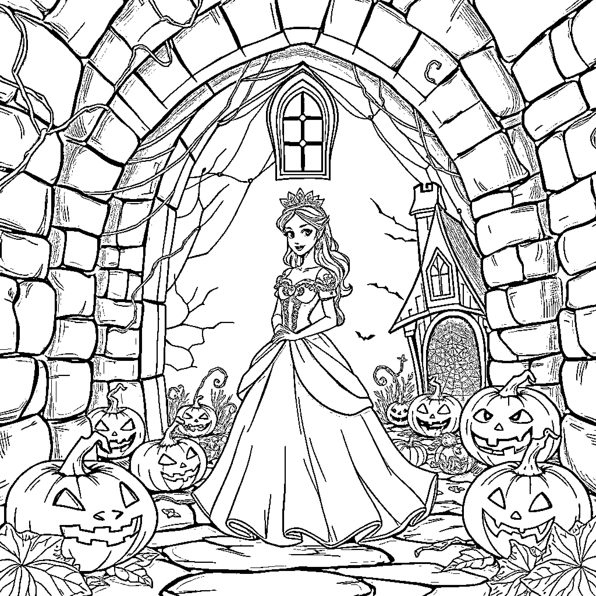 Princess in Enchanted Castle with Halloween Decor Coloring Page (free black-and-white line drawing printable PDF for all, from beginners to advanced learners, including children, teens, adults, and seniors)
