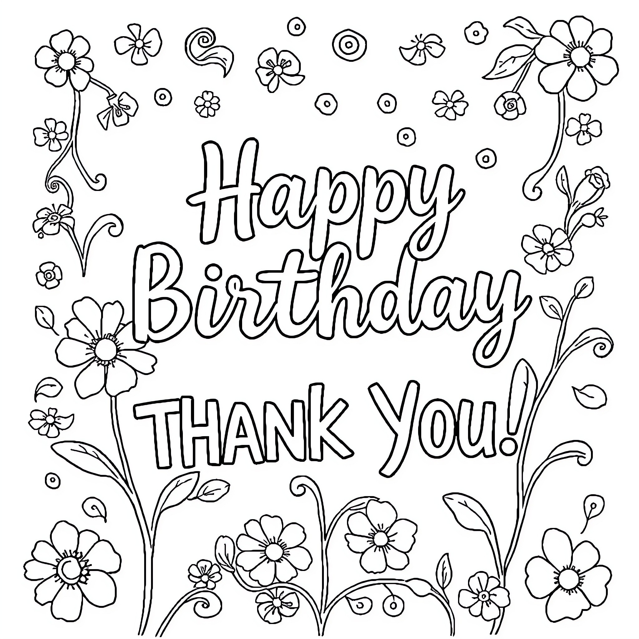 Birthday Thank You with Floral Accents Coloring Page (free black-and-white line drawing printable PDF for all, from beginners to advanced learners, including children, teens, adults, and seniors)