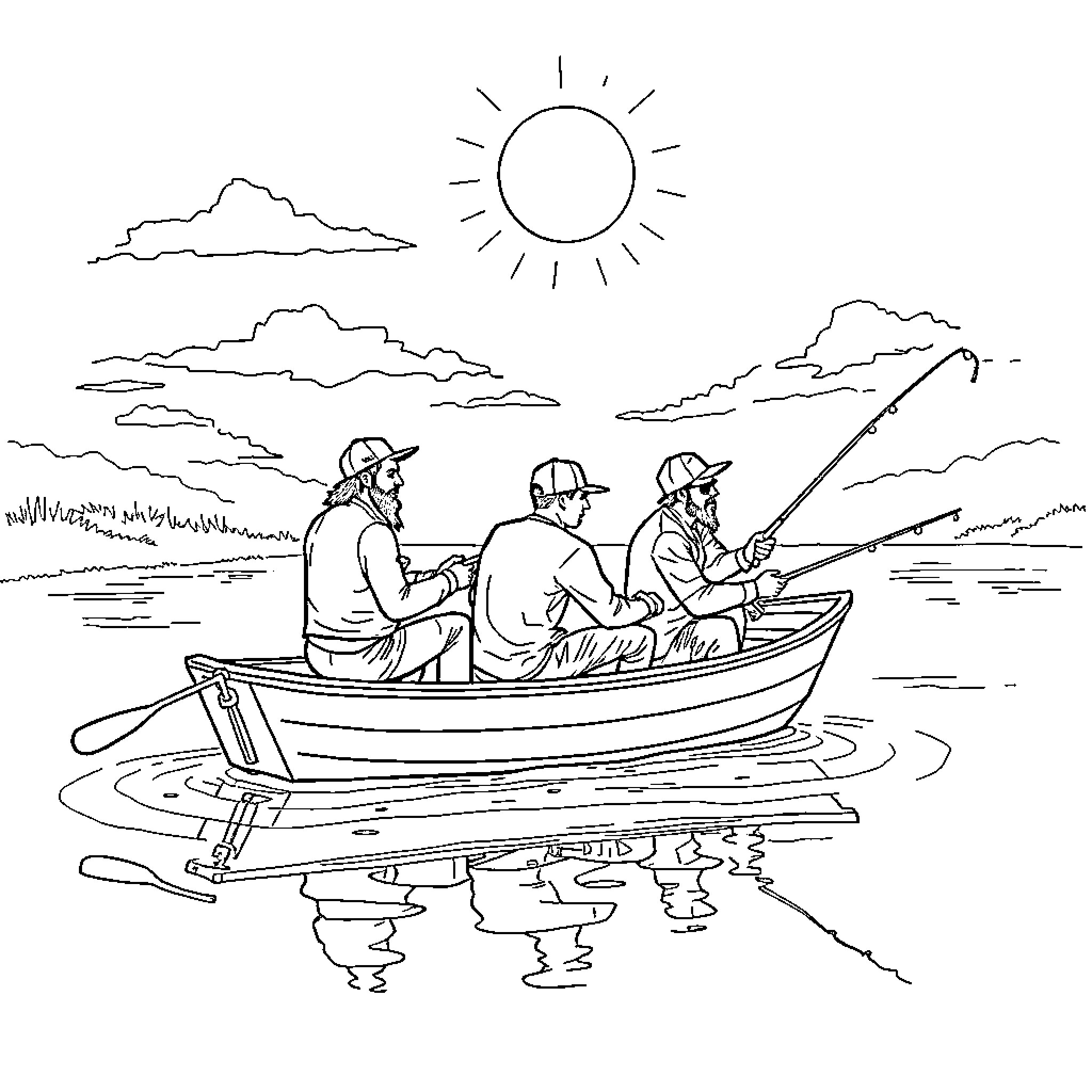 Limp Bizkit's Fishing Trip in the Great Outdoors Coloring Page (free black-and-white line drawing printable PDF for all, from beginners to advanced learners, including children, teens, adults, and seniors)