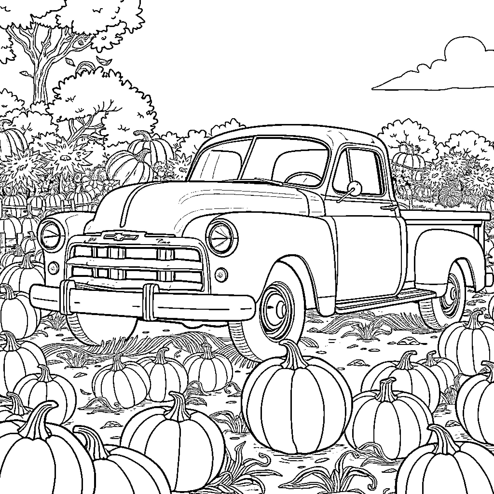 Pumpkin Patch with Vintage Pickup Truck Coloring Page (free black-and-white line drawing printable PDF for all, from beginners to advanced learners, including children, teens, adults, and seniors)