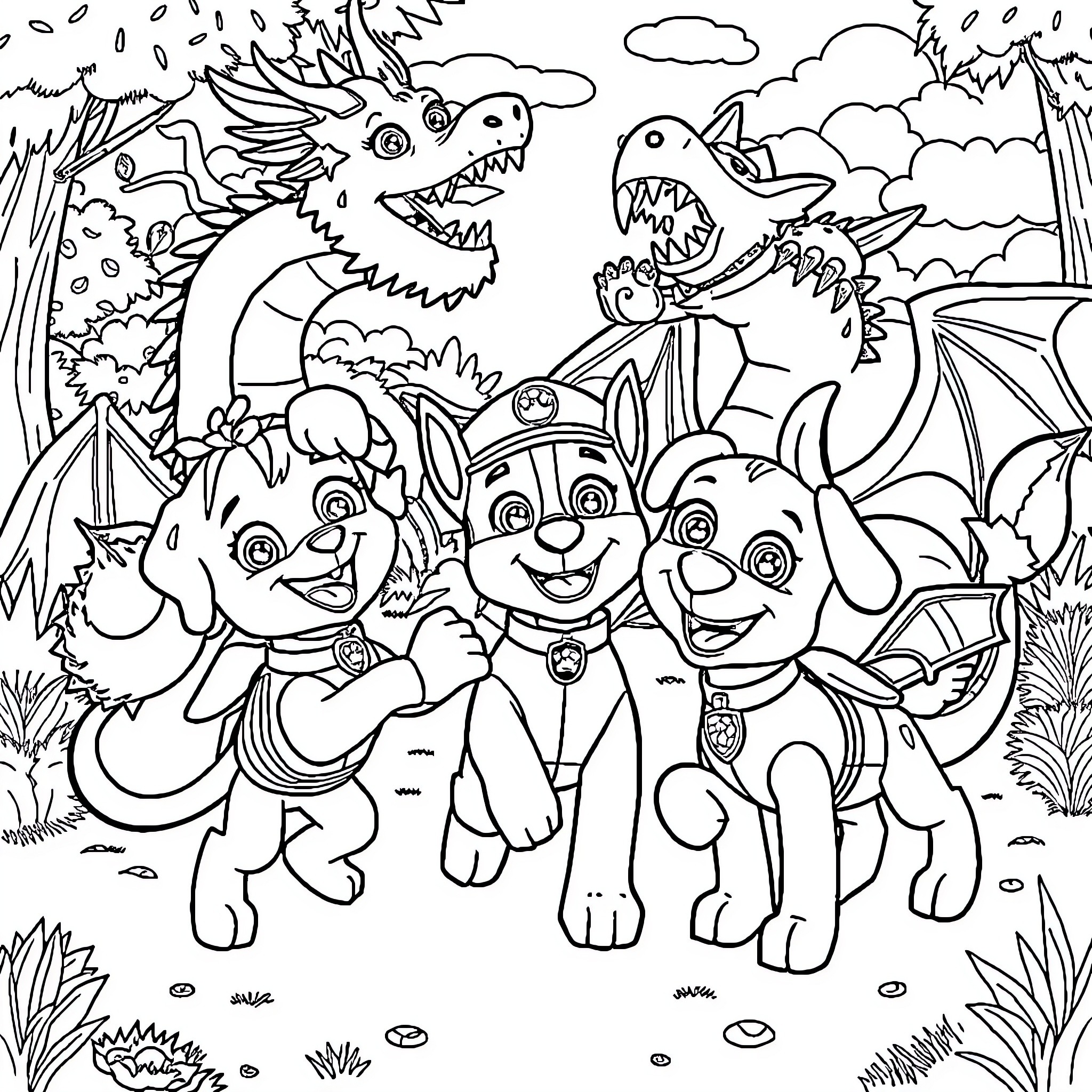 Paw Patrol Adventures in the Enchanted Forest Coloring Page (free black-and-white line drawing printable PDF for all, from beginners to advanced learners, including children, teens, adults, and seniors)